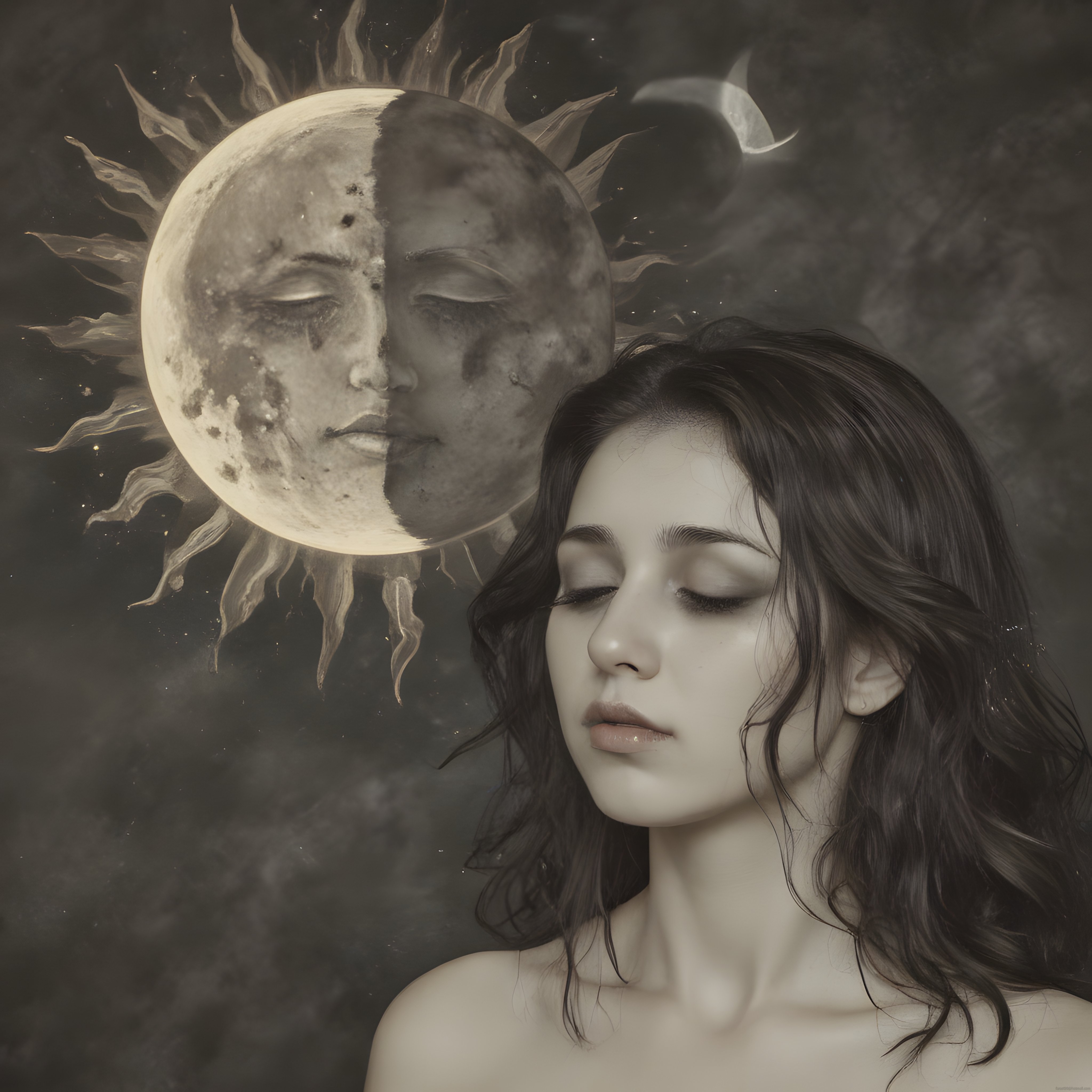 Mistik dijital sanat eseri: kapalı gözlü kadın ve antropomorfik ay güneş sembolü