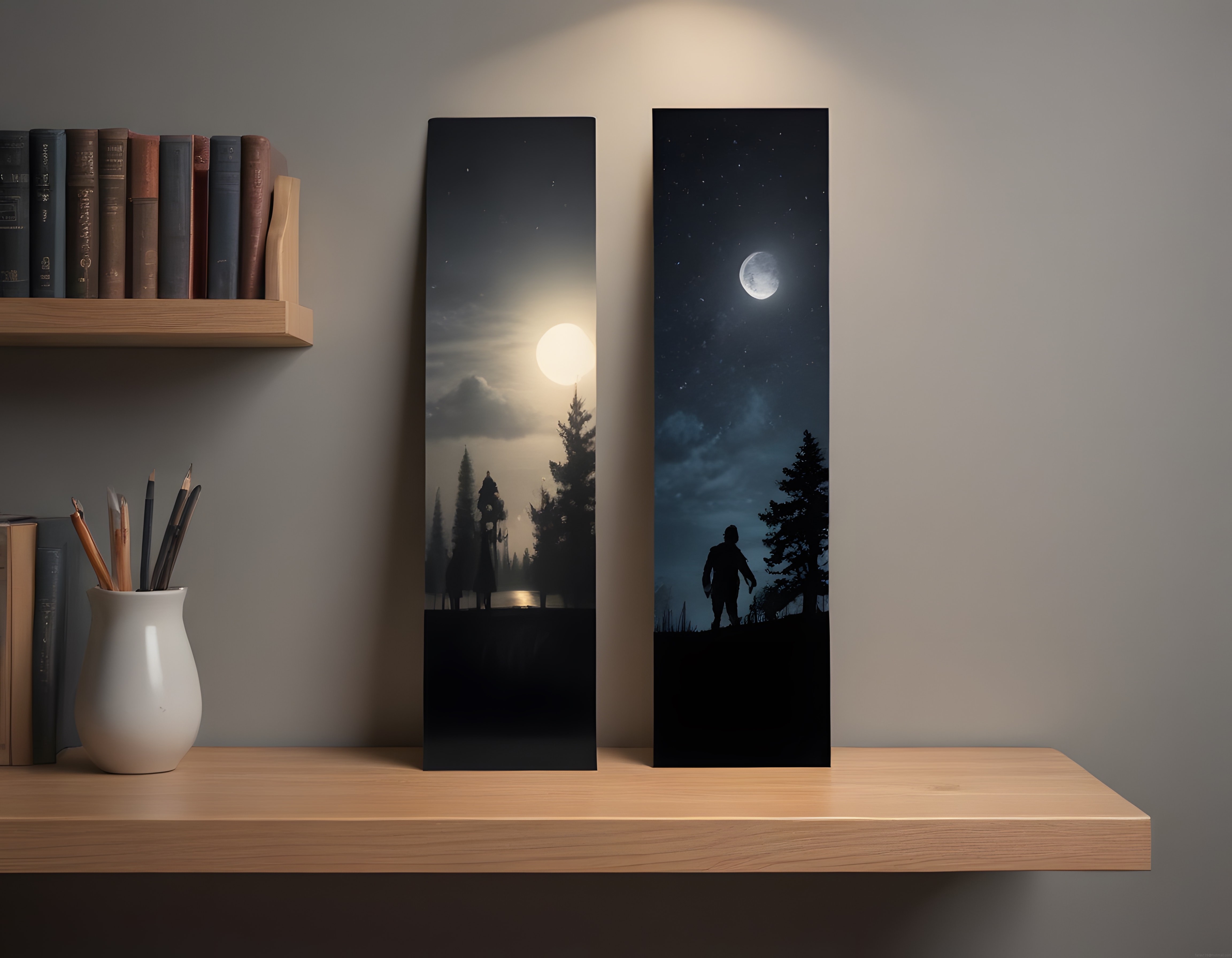Mistik Doğa Temalı Gece Manzaralı Dikey Kanvaslar ve Kitap Rafı