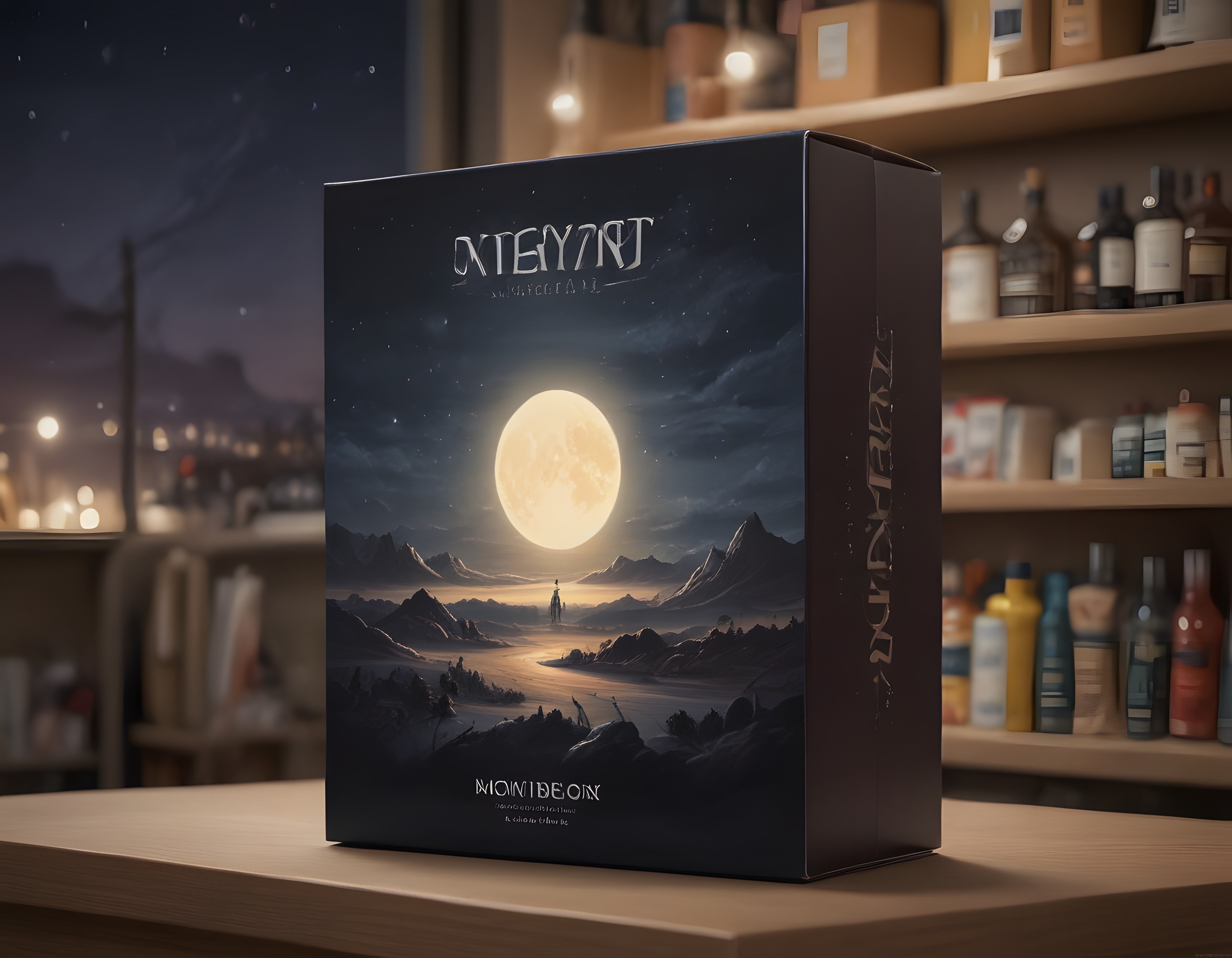 Mistik Gece Manzaralı Premium Ambalaj Tasarımı ve Mağaza Rafı Sunumu