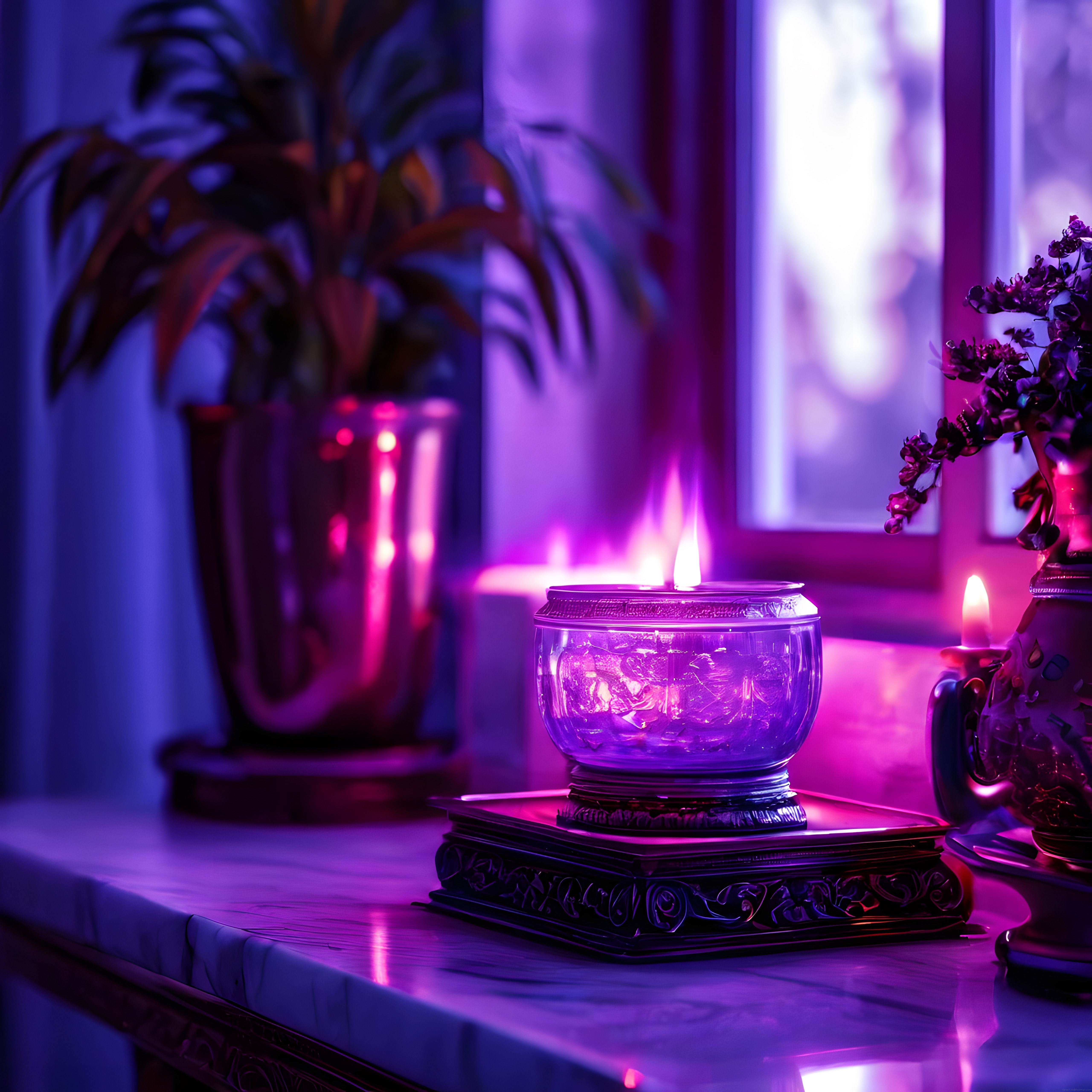 Mistik Kristal Kase ve Mumlarla Mor Işıklı Meditasyon Köşesi