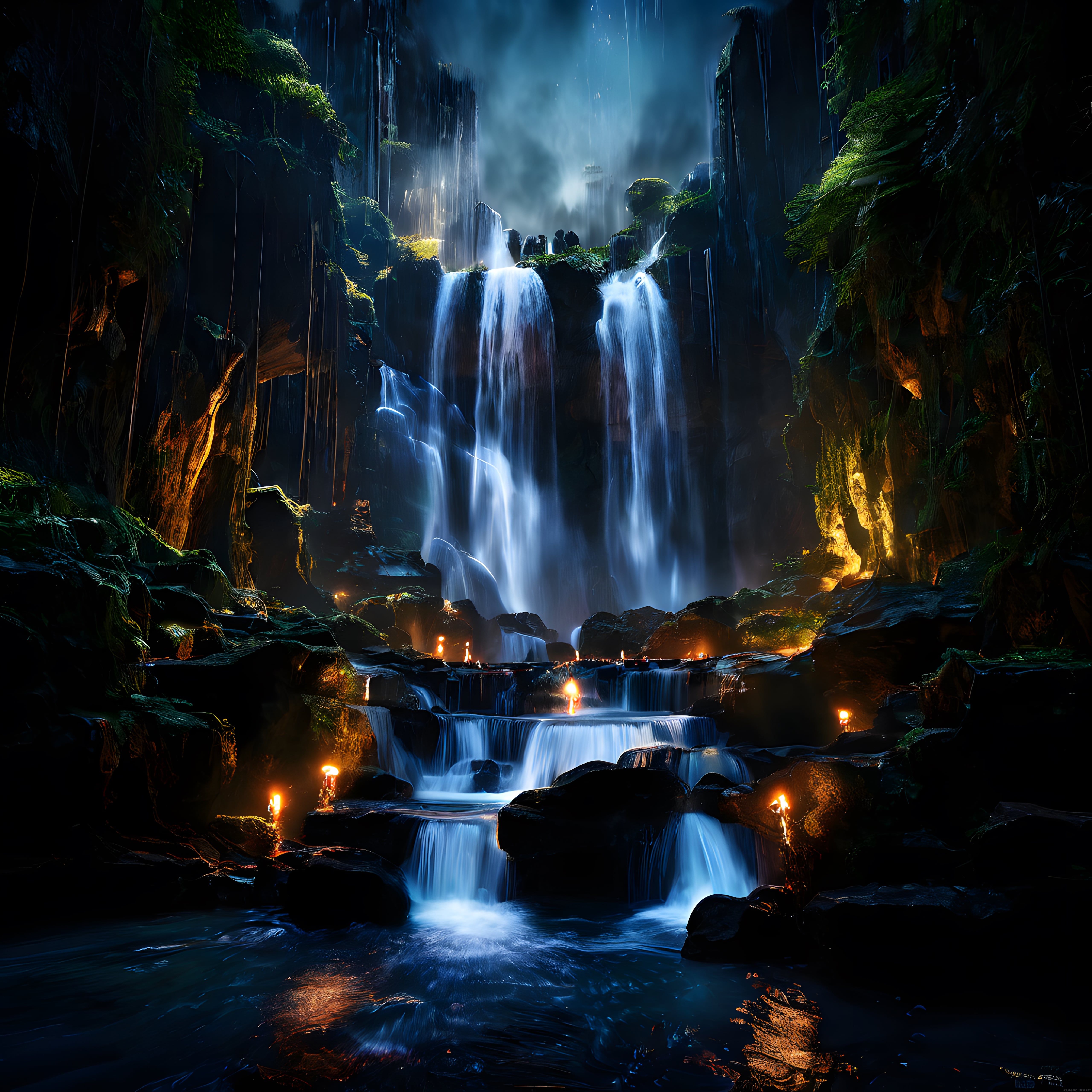 Mistik Ormanda Mum Işıklarıyla Aydınlanan Büyüleyici Şelale Manzarası