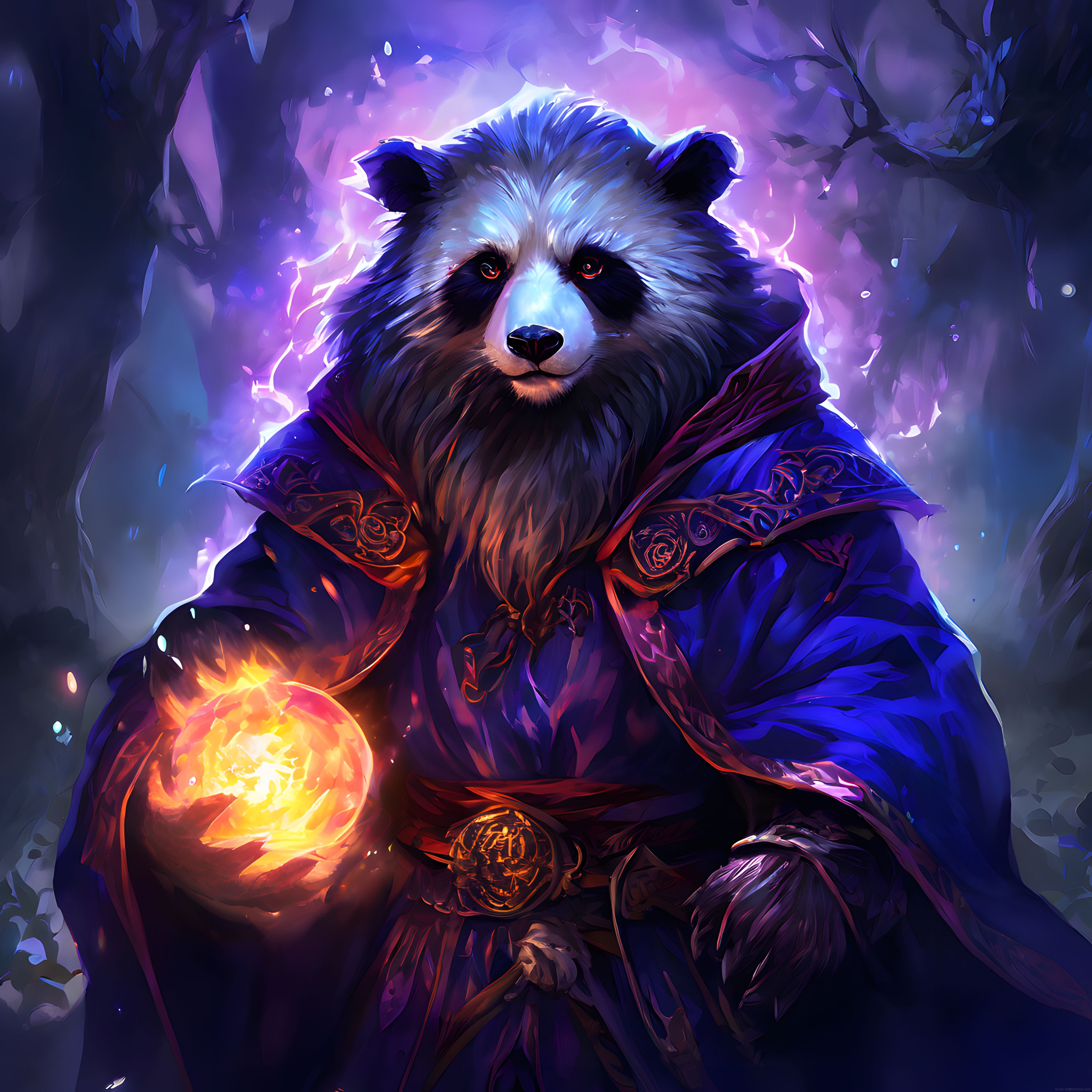 Mistik Ormanda Sihirli Küre Tutan Büyücü Panda Dijital Sanat Çalışması