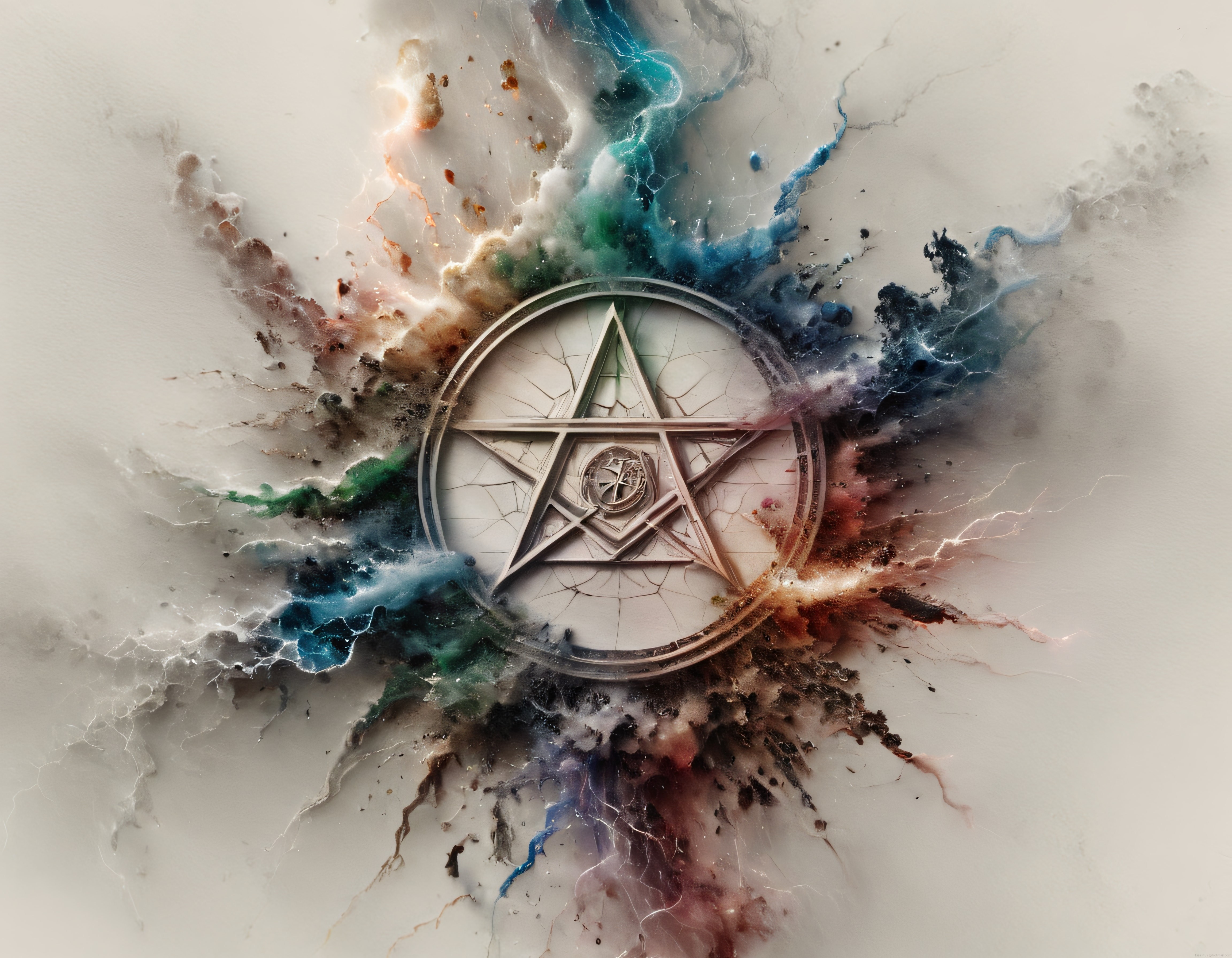 Mistik Pentagram ve Renkli Mürekkep Patlaması ile Ezoterik Dijital Eser