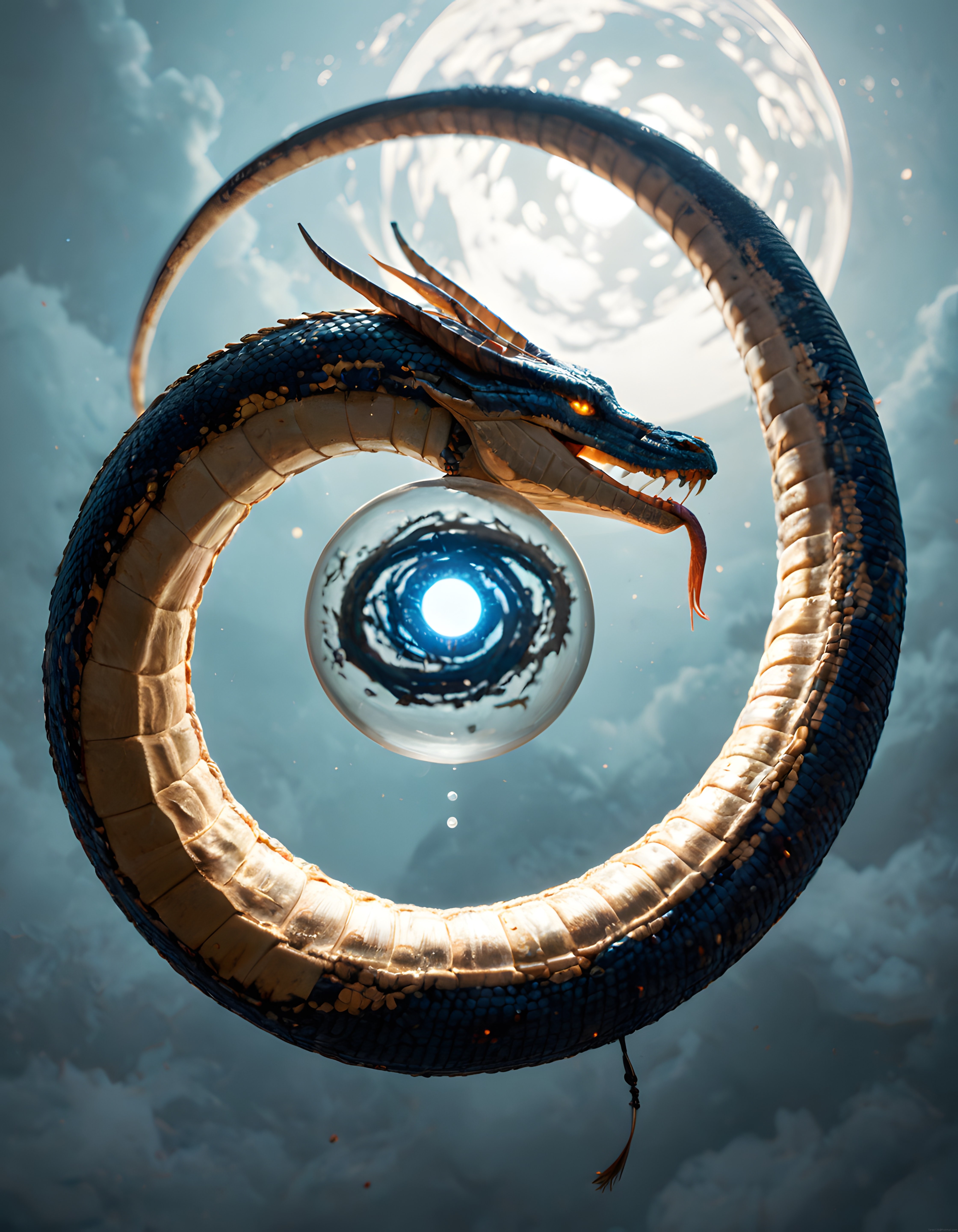 mitolojik ouroboros yılanı dijital sanat eseri ışık küresi ve ay atmosferi
