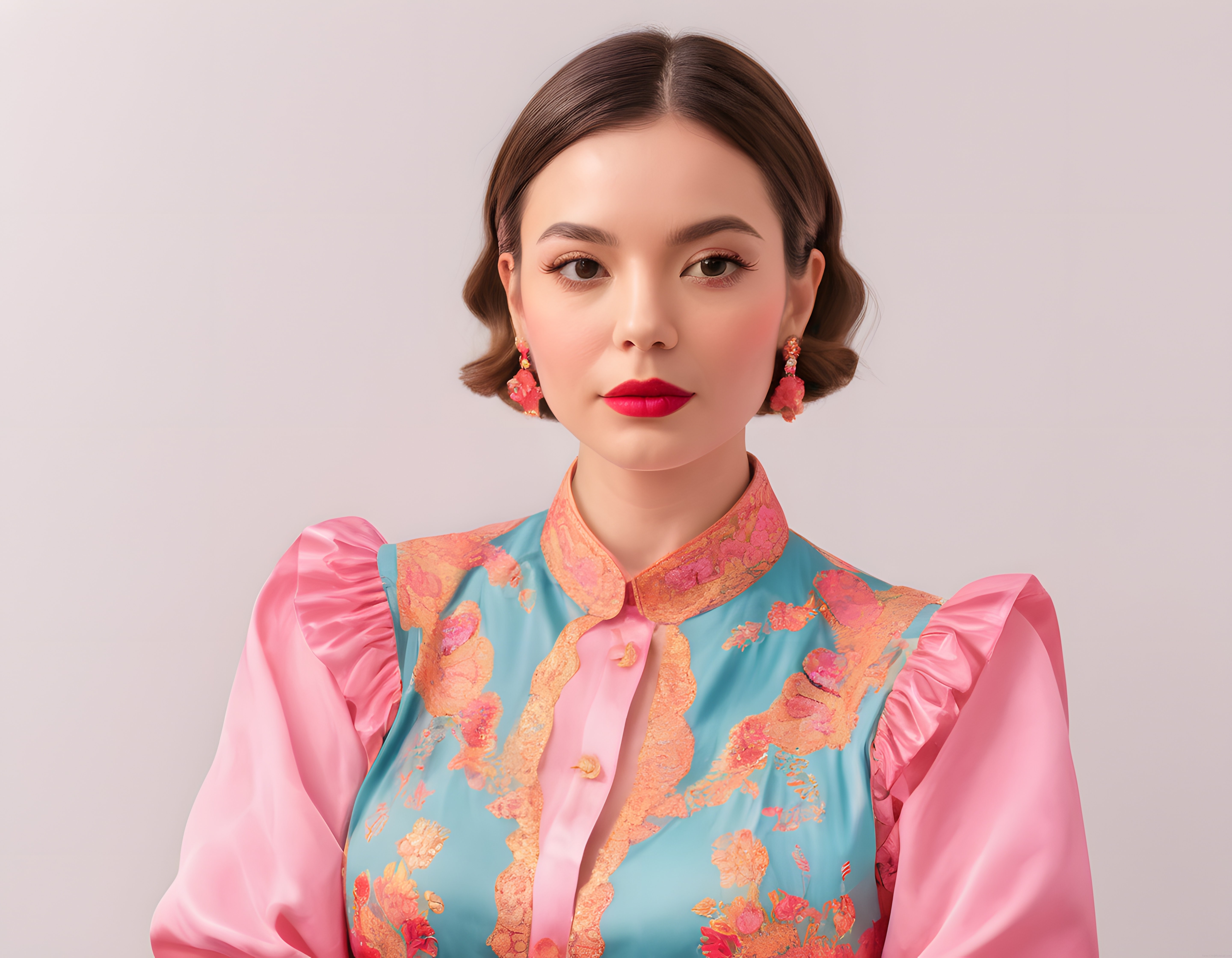 Moda stüdyo portresi: çiçek desenli geleneksel yakalı bluz ve pembe detaylar