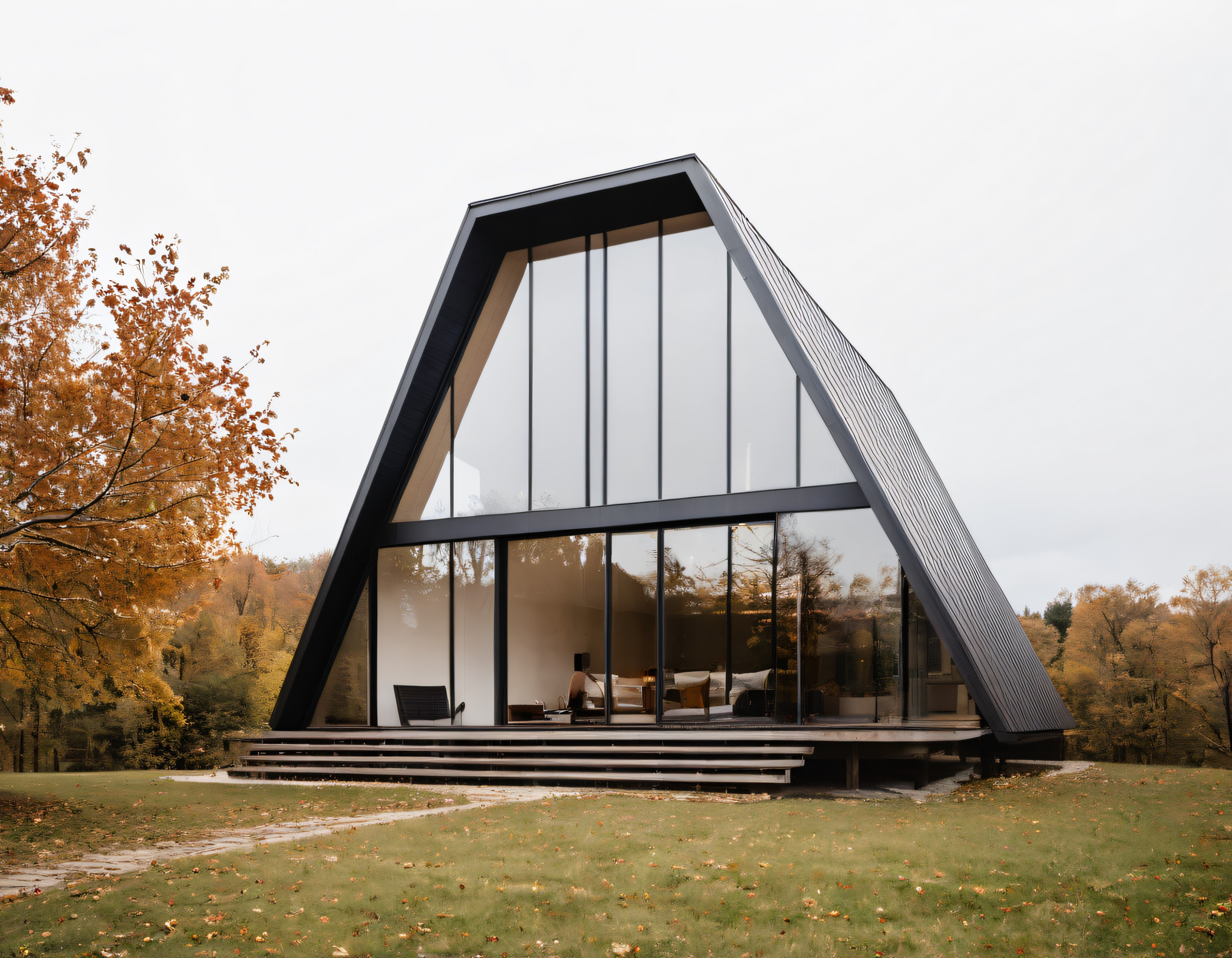 Modern A-Frame Ev, Sonbahar Ormanı ve Doğayla İç İçe Cam Cepheli Mimarlık