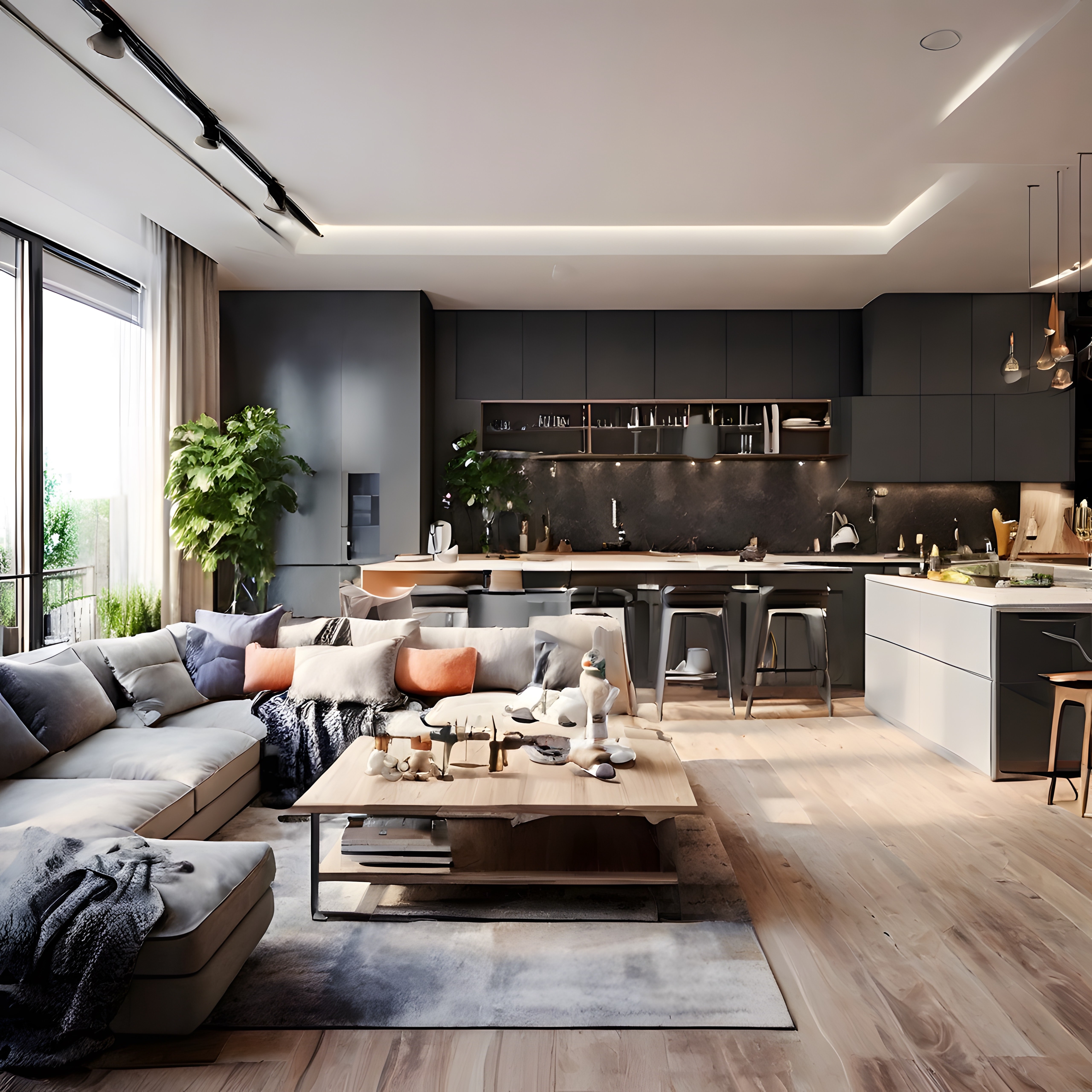Modern Açık Mutfak ve Salon Dekorasyonuyla Şık Ev İç Mekan Tasarımı