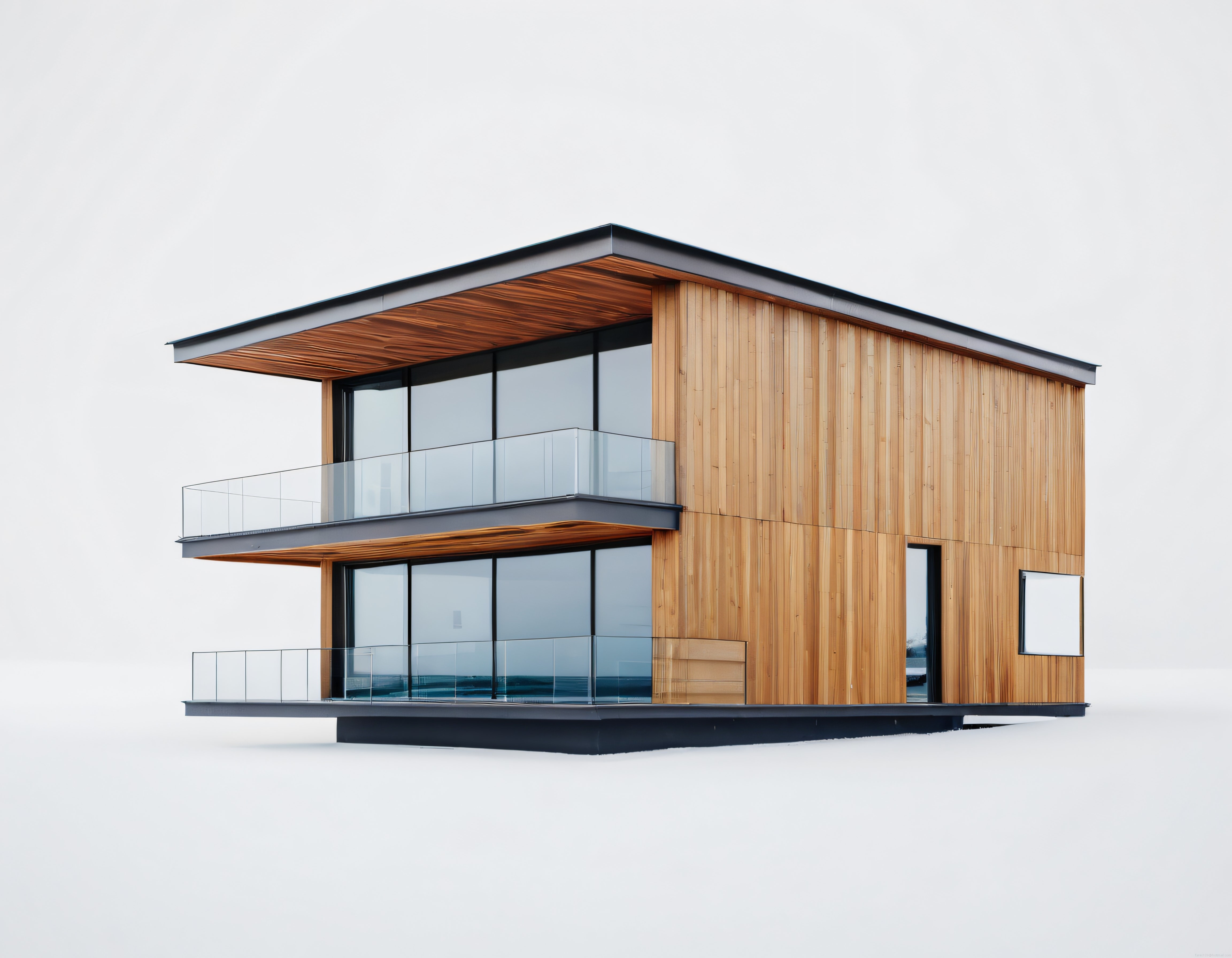 Modern Ahşap Cepheli Cam Balkonlu Minimalist Mimari Villa Konsepti