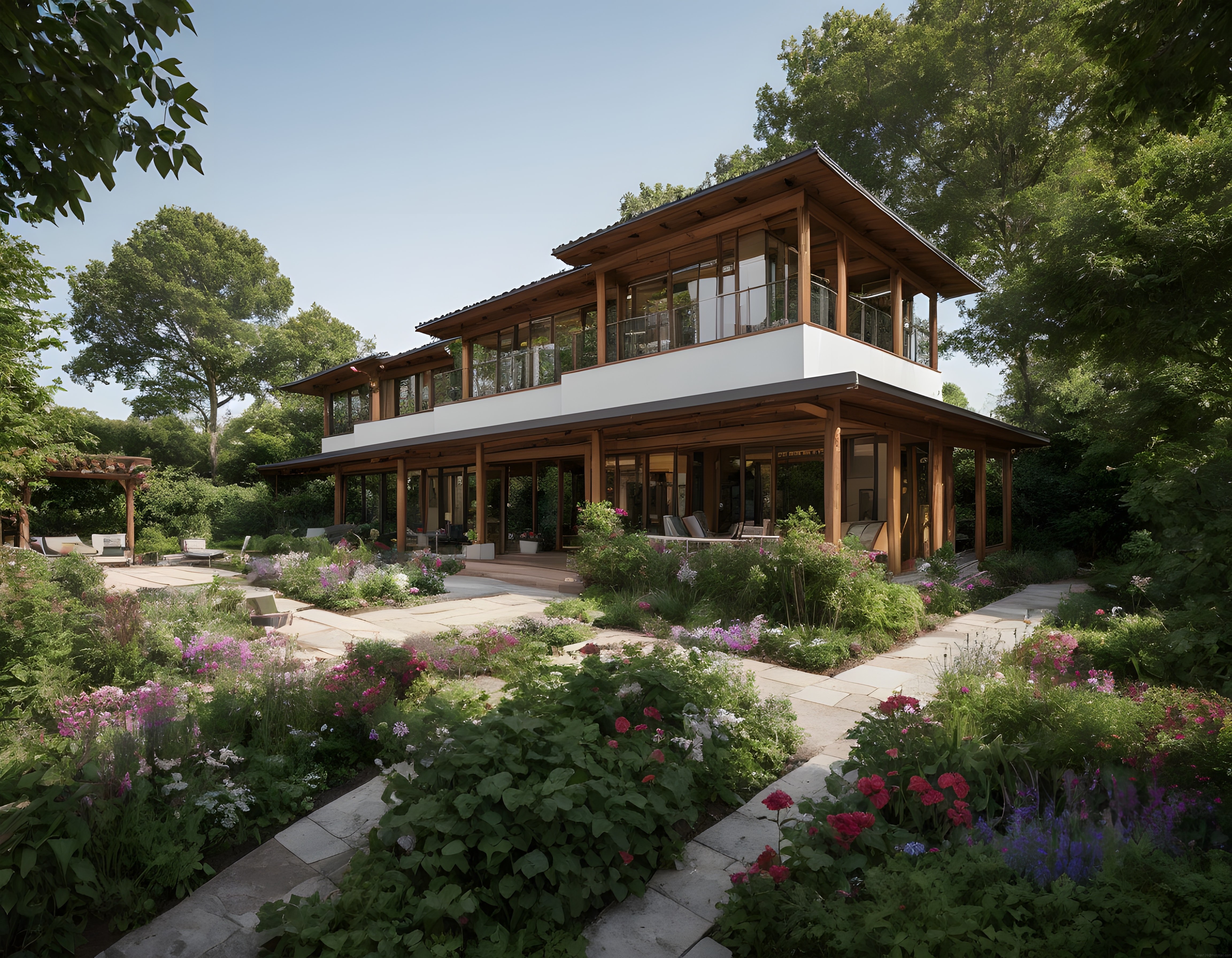 Modern ahşap detaylı bahçeli doğa içinde konforlu villa ve yeşil peyzaj