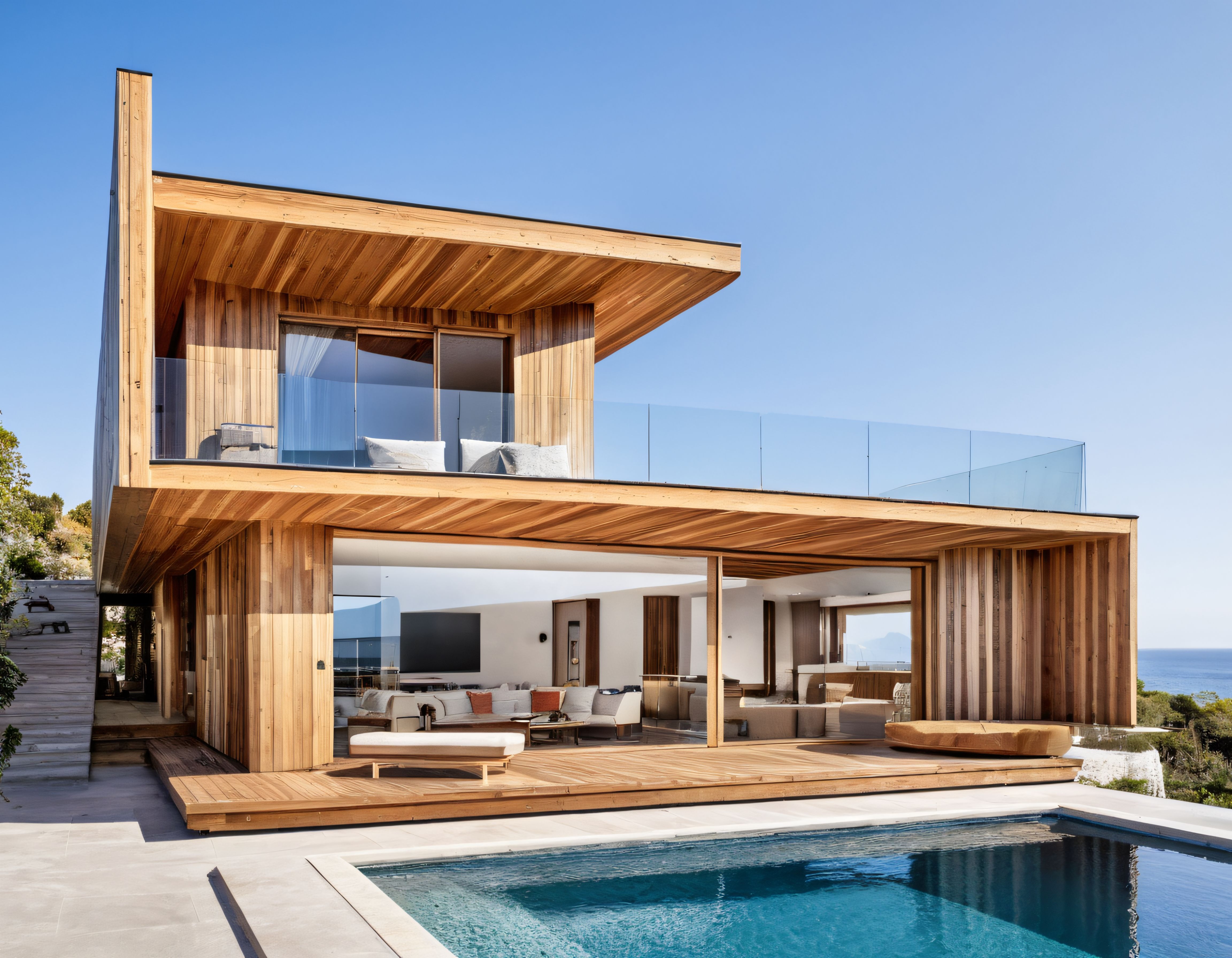 Modern Ahşap Kaplamalı Deniz Manzaralı Lüks Villa ve Havuz Tasarımı