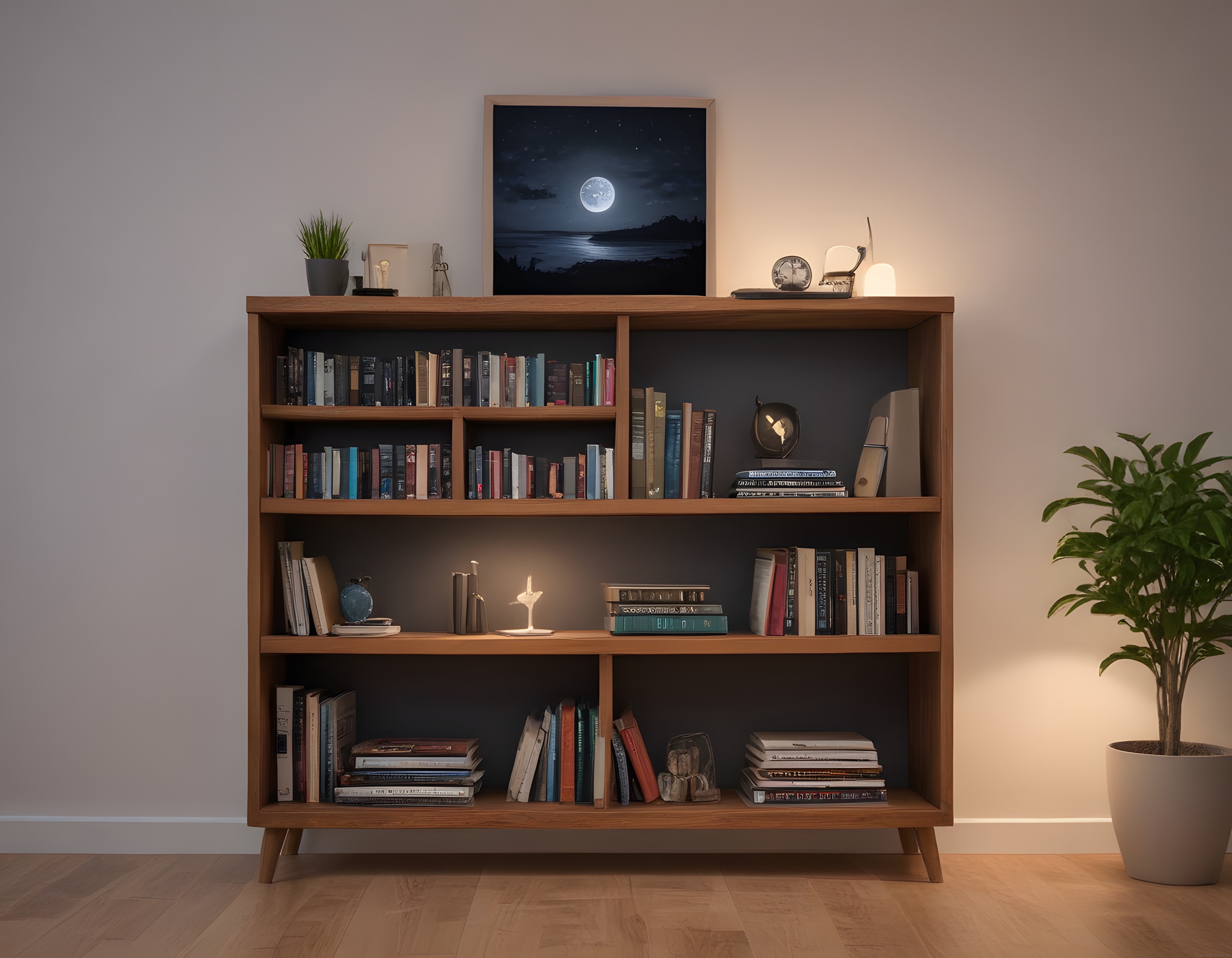 Modern Ahşap Kitaplık Dekorasyonu ile Sıcak ve Şık Ev İçi Atmosferi