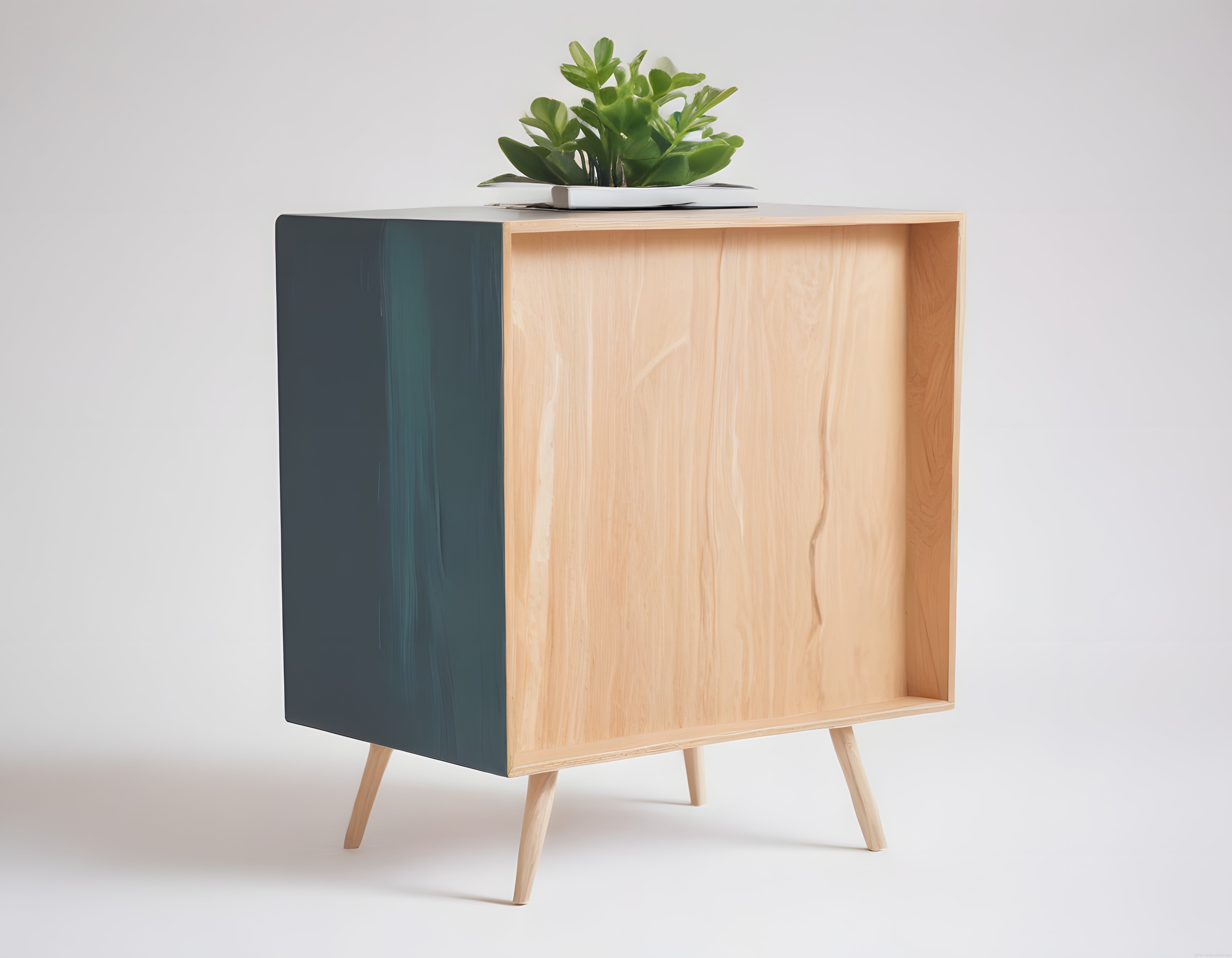Modern Ahşap Komodin ve Dekoratif Saksı Bitki ile Minimal İç Mekan