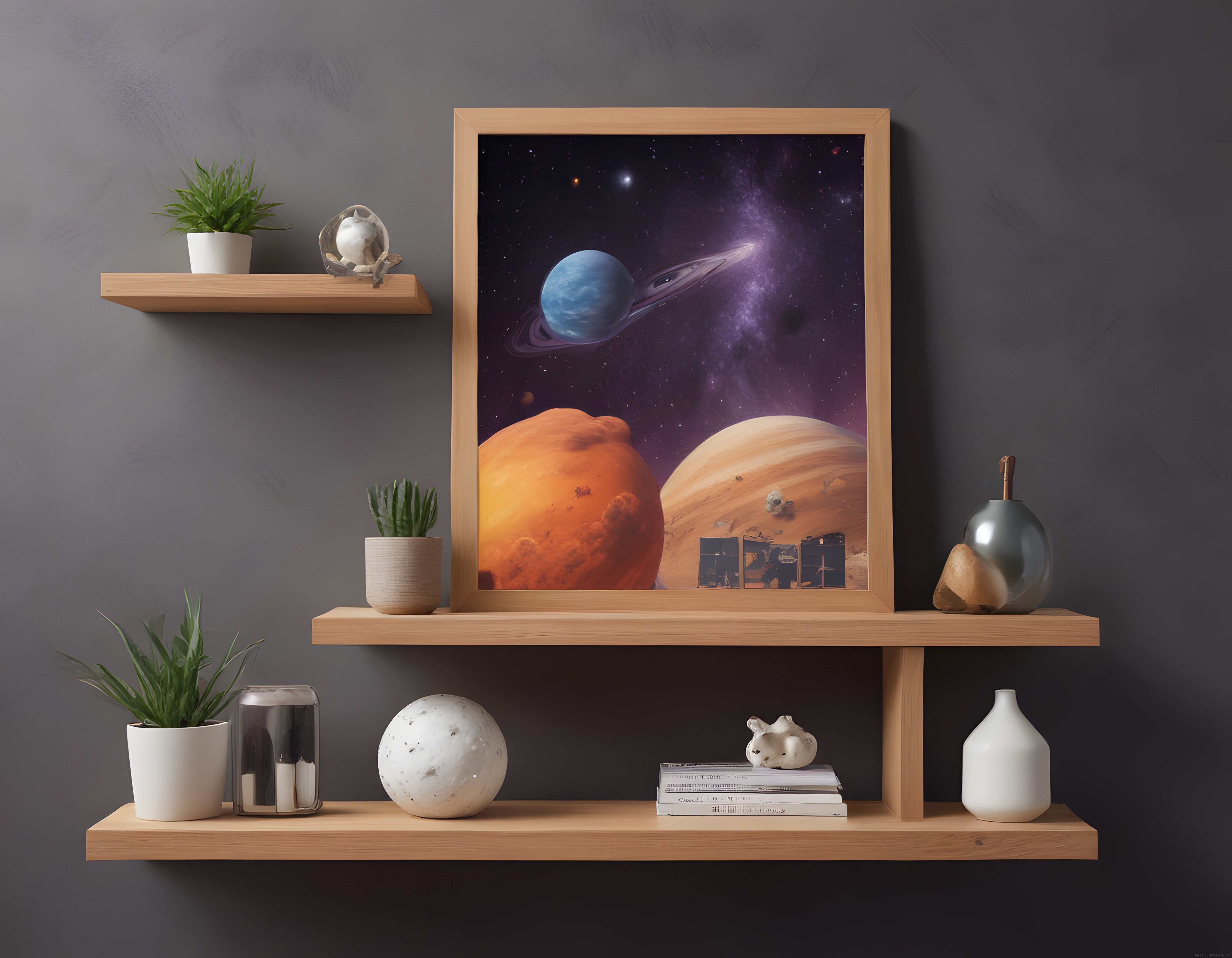 Modern Ahşap Raflar ve Gezegenleriyle Büyüleyici Uzay Temalı Poster