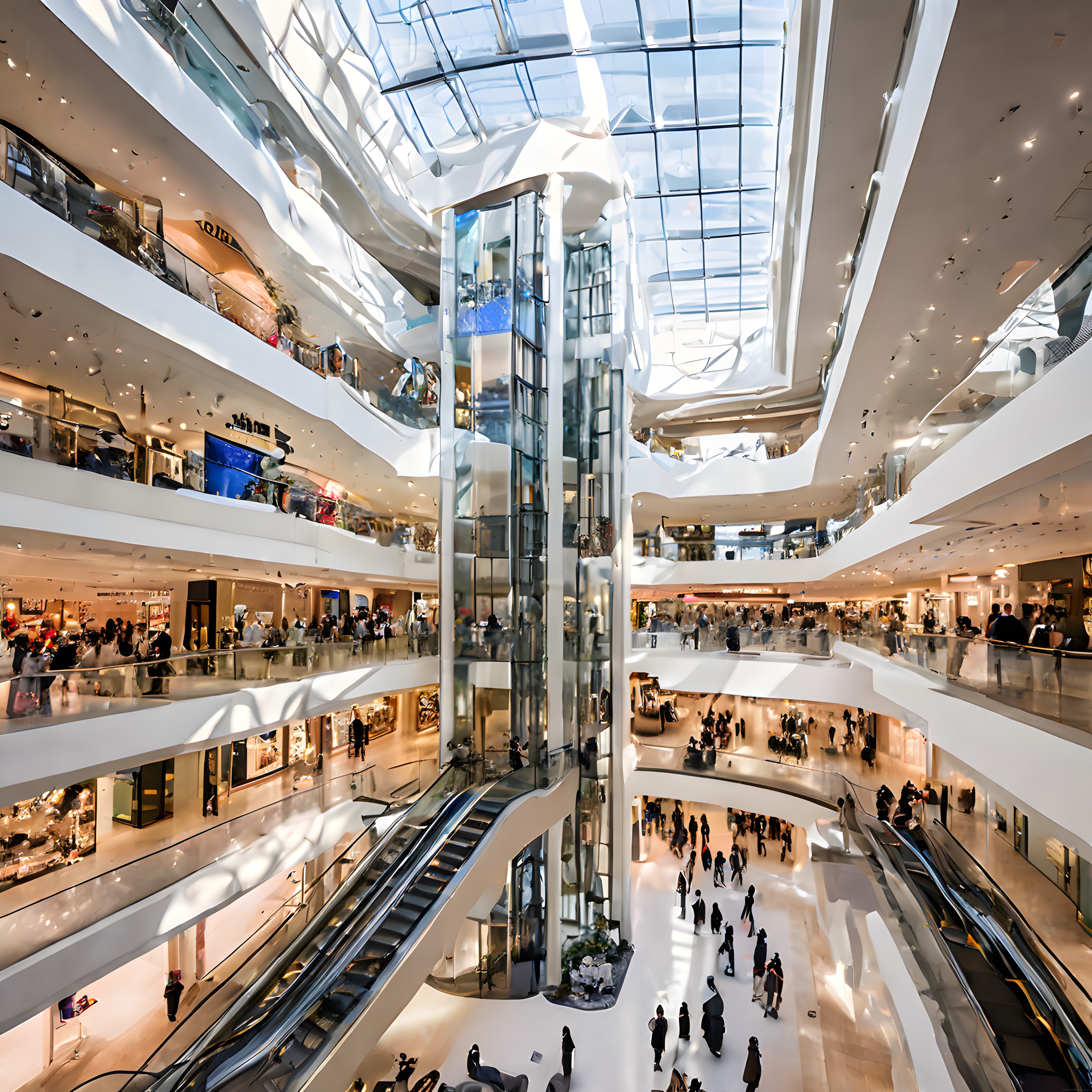 Modern Alışveriş Merkezi İçi Cam Tavanlı Lüks Mimari ve Kalabalık