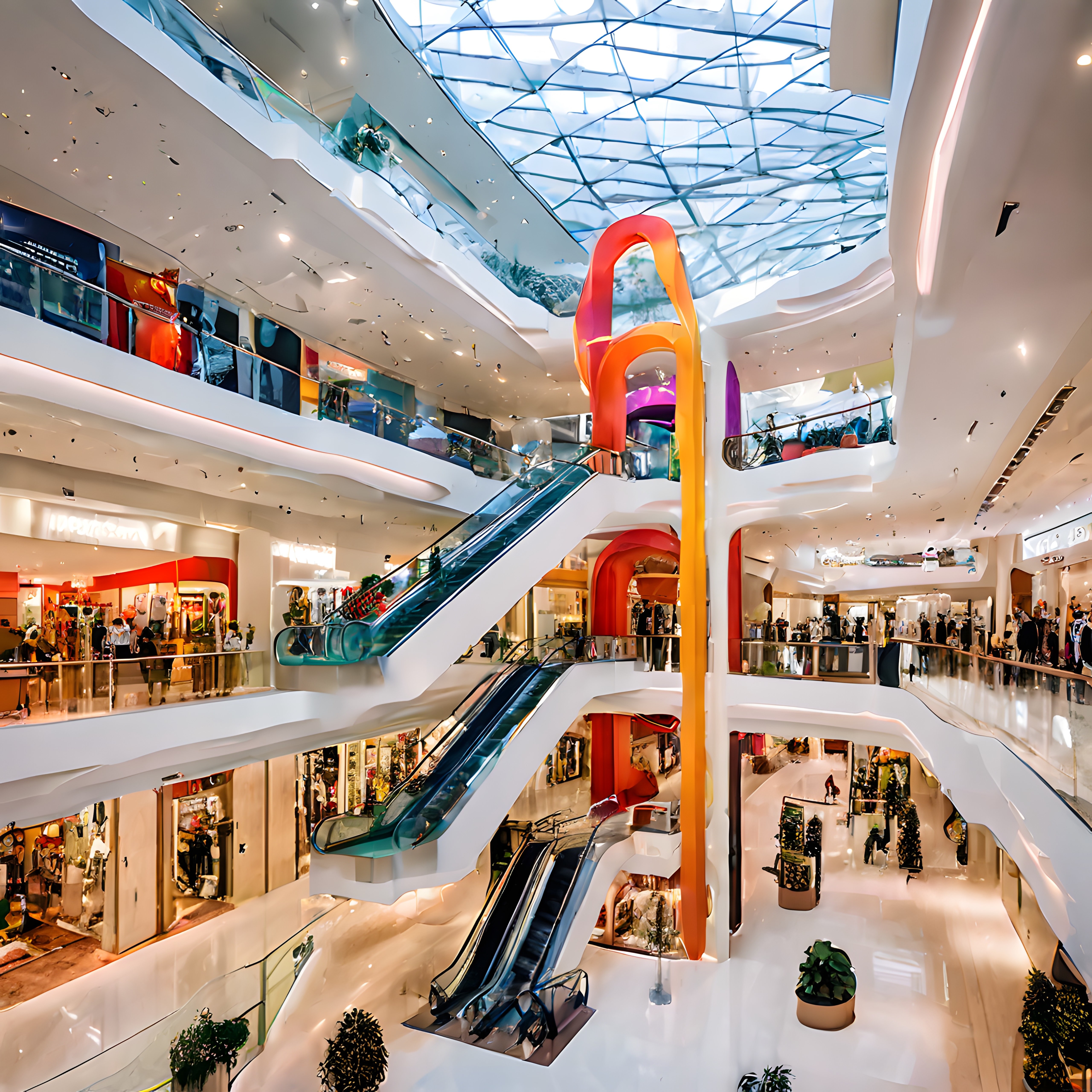 Modern Alışveriş Merkezi İçi: Yürüyen Merdivenler ve Cam Tavan