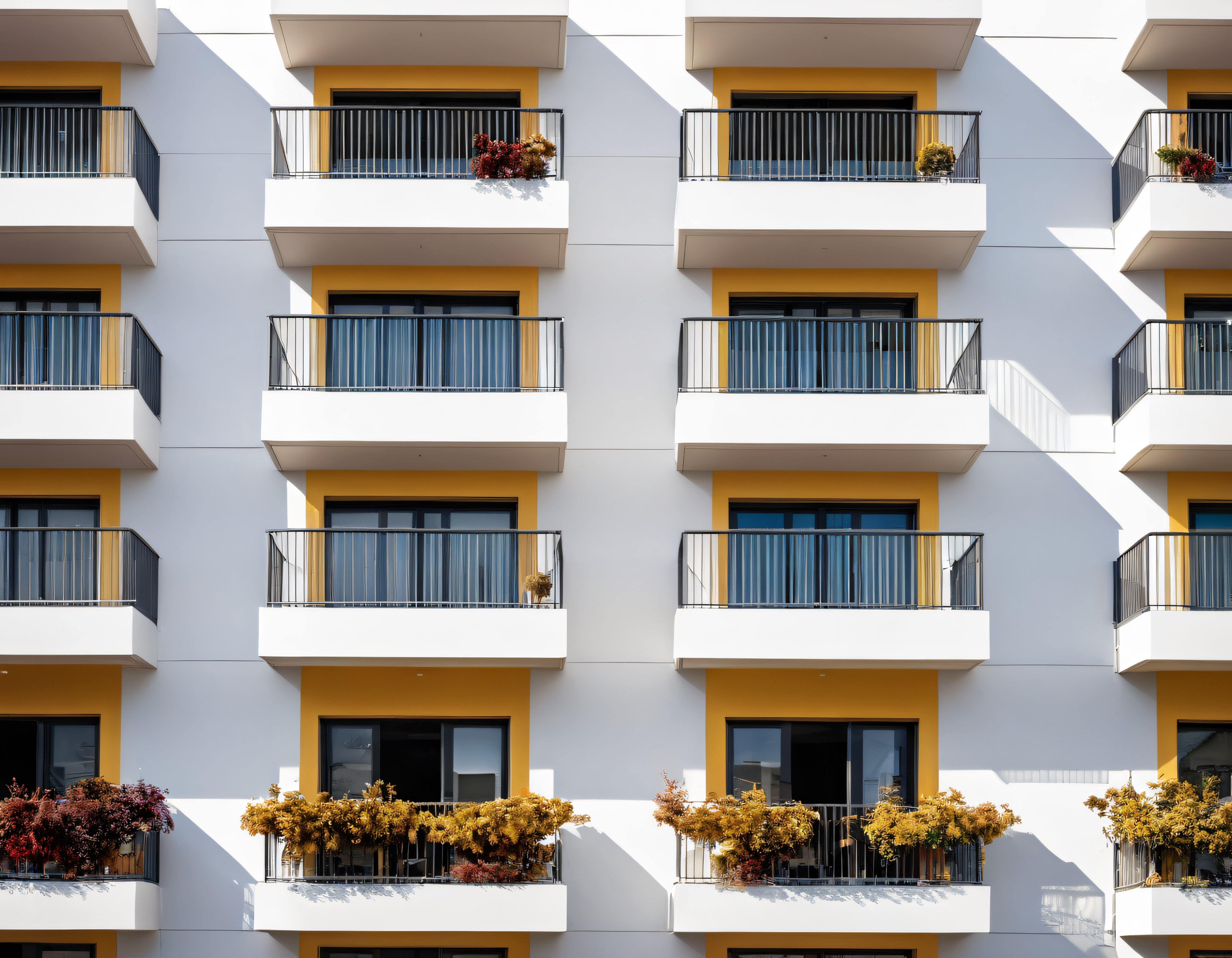 Modern apartman cephesi sarı detaylar ve simetrik balkonlarla minimalizm