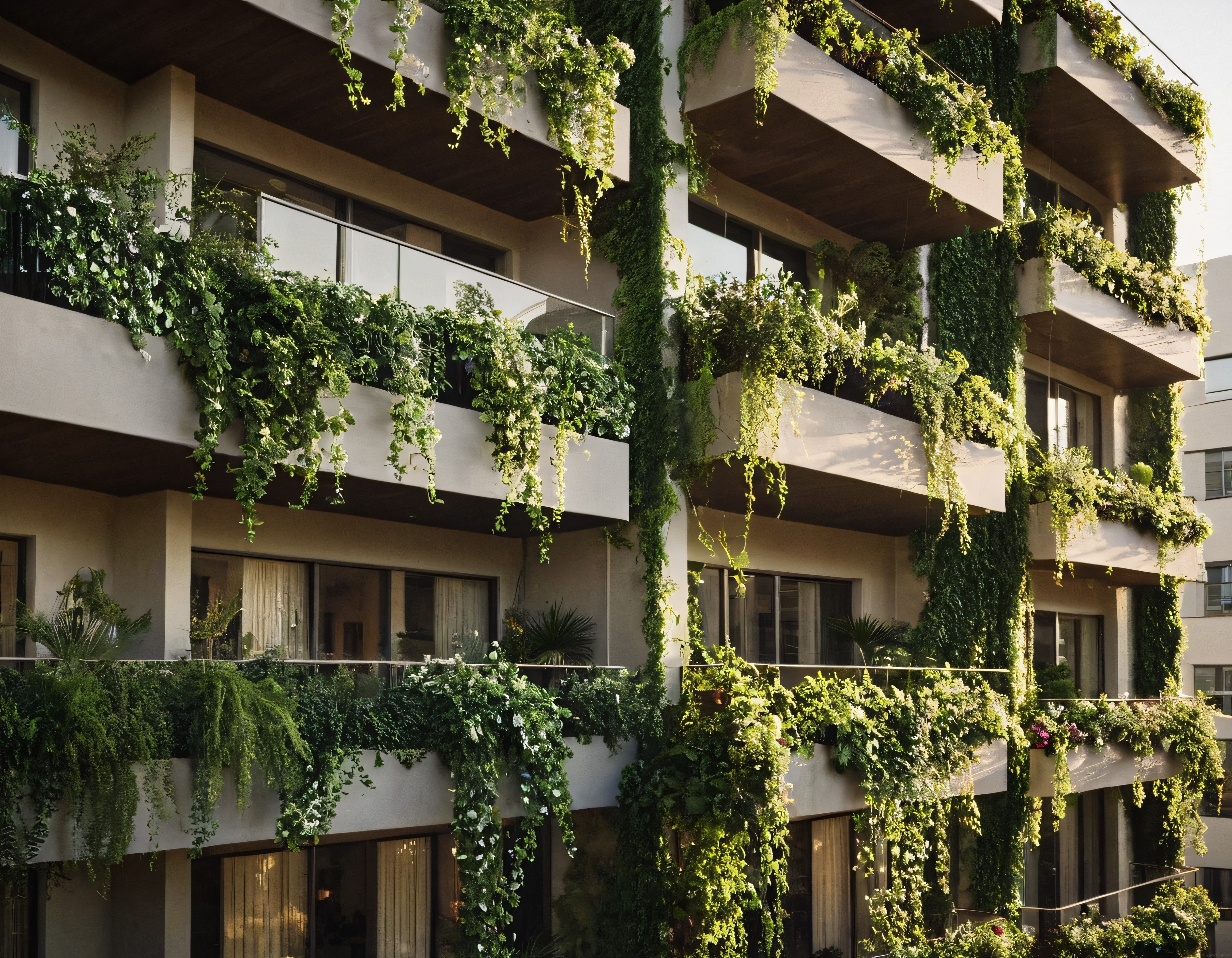 Modern Apartmanın Balkonlarından Sarkan Bolluk: Dikey Bahçe ve Yeşil Cephe