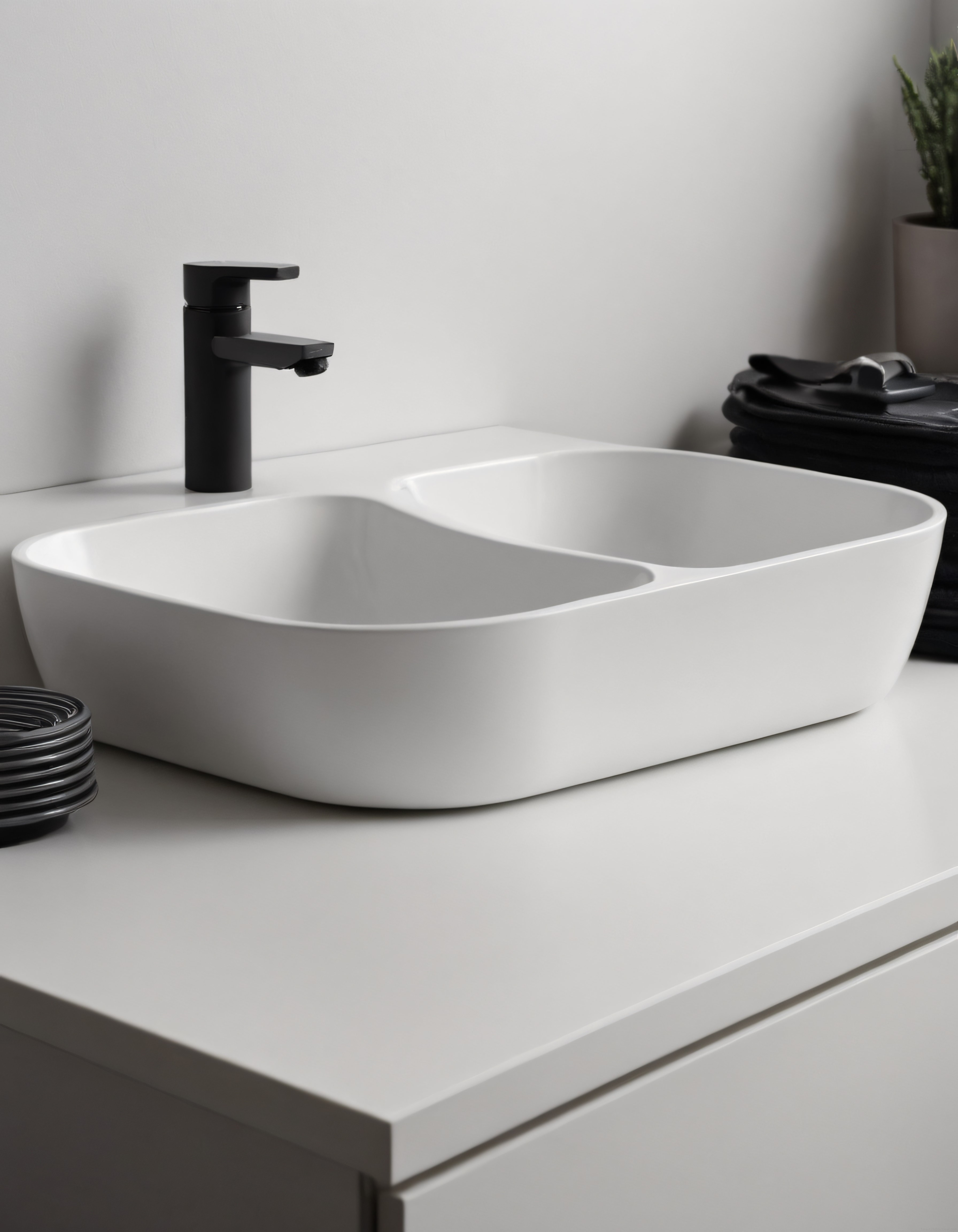 Modern banyo tasarımında siyah musluklu beyaz tezgah üstü lavabo detayı