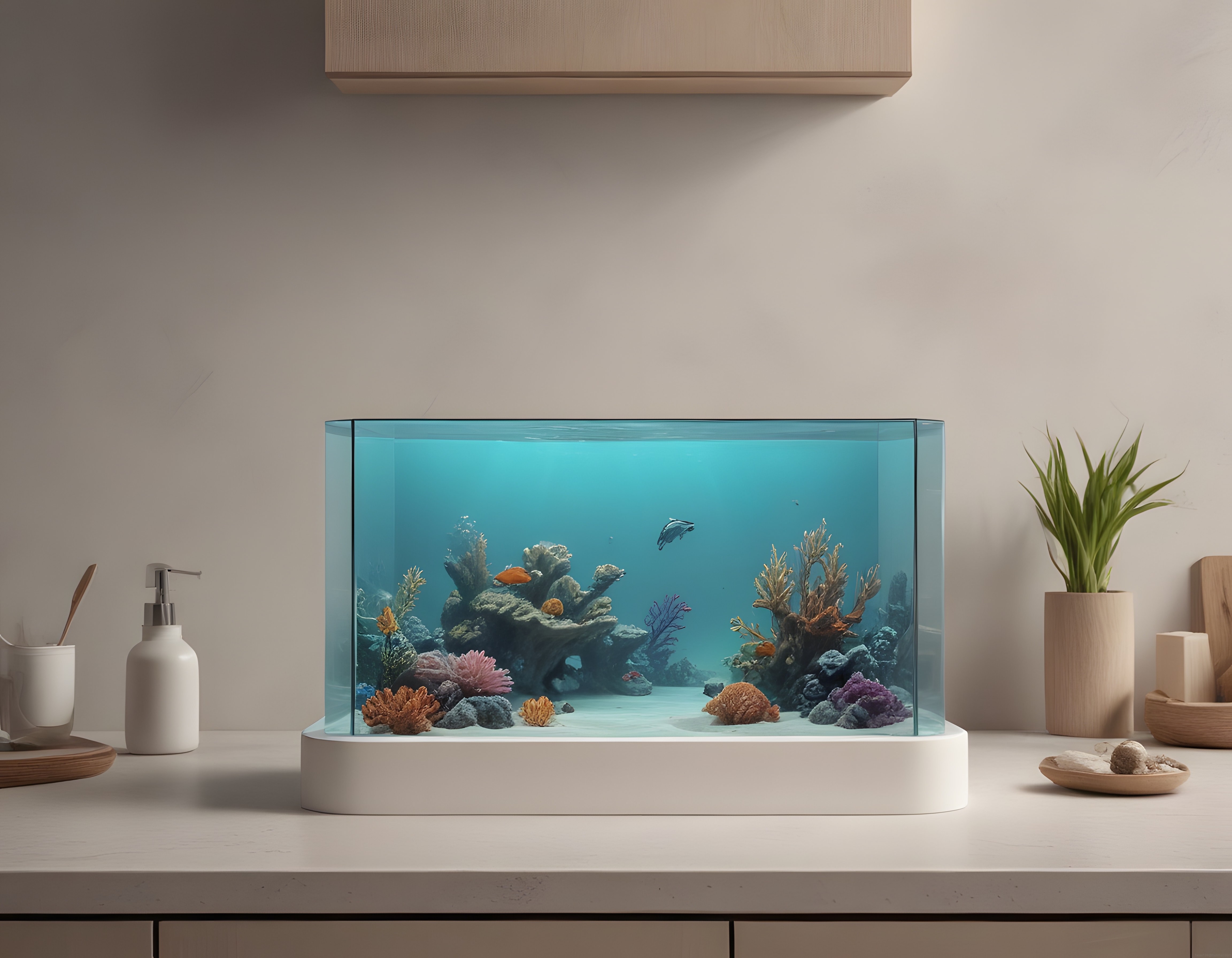 modern banyo tezgahında cam akvaryum mercanlar ve minimalist dekor detayları