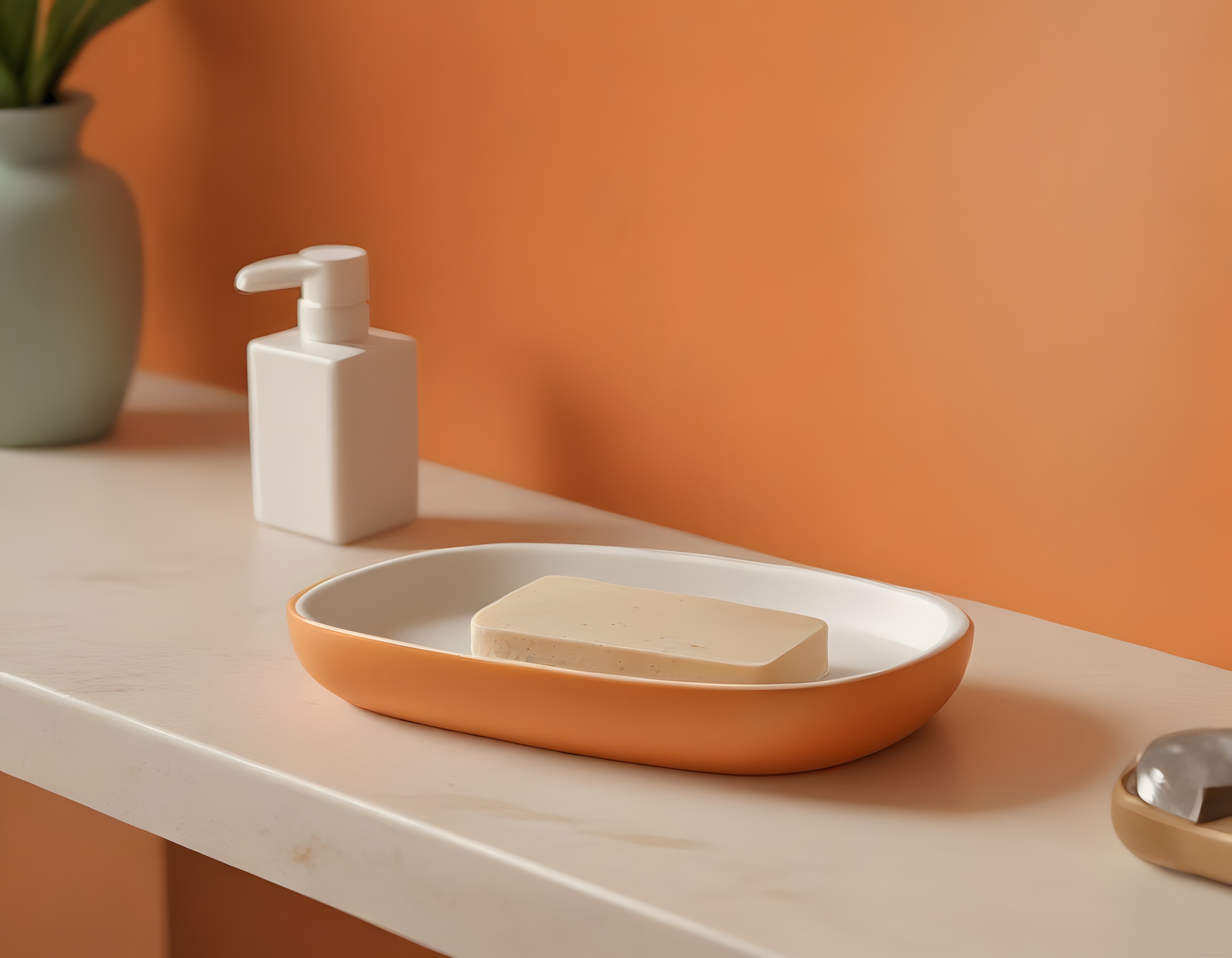 Modern Banyo Tezgahında Minimalist Sabunluk ve Sıvı Sabun Şişesi
