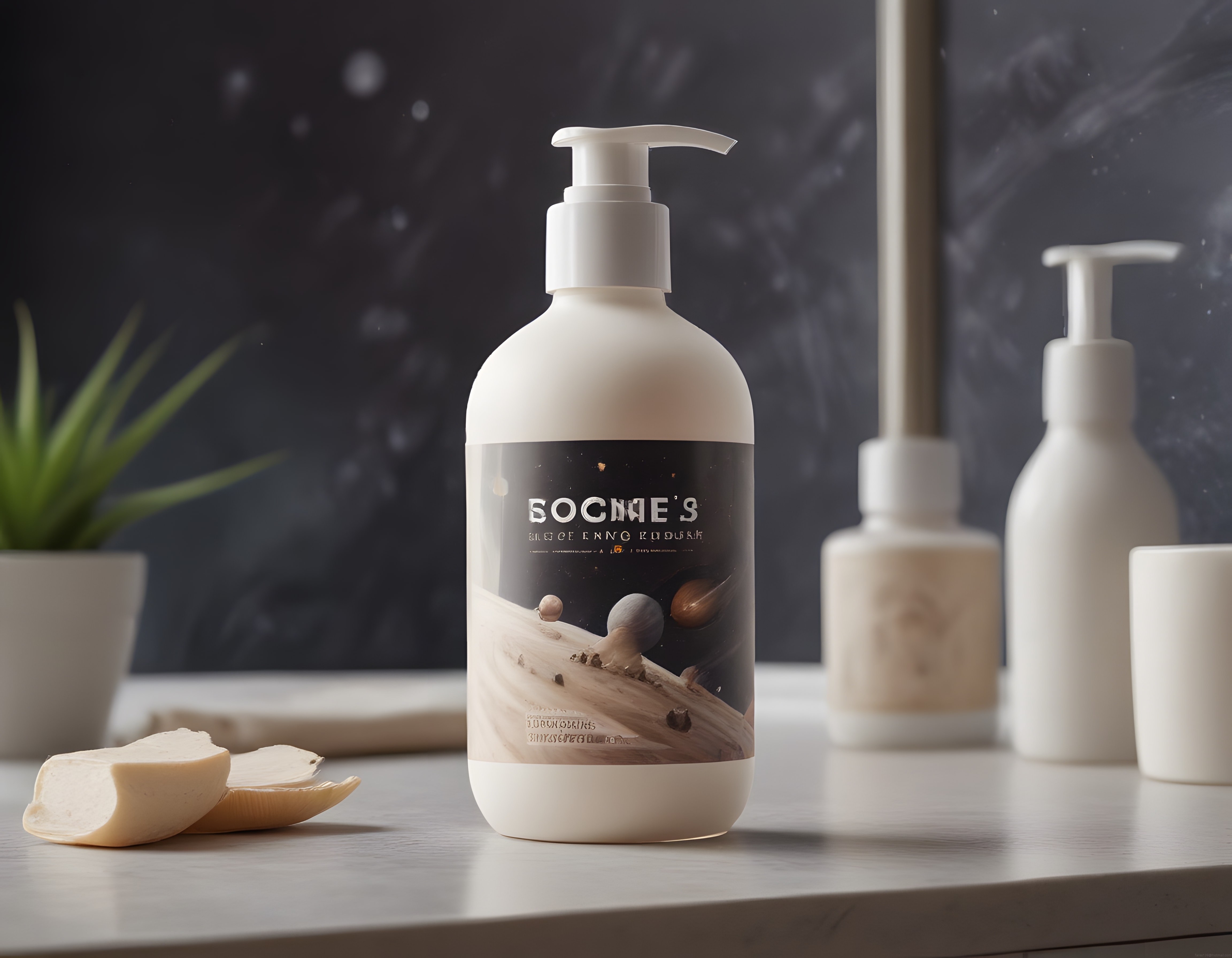 Modern Banyo Tezgahında Uzay İllüstrasyonlu Aloe Vera Bakım Şişesi