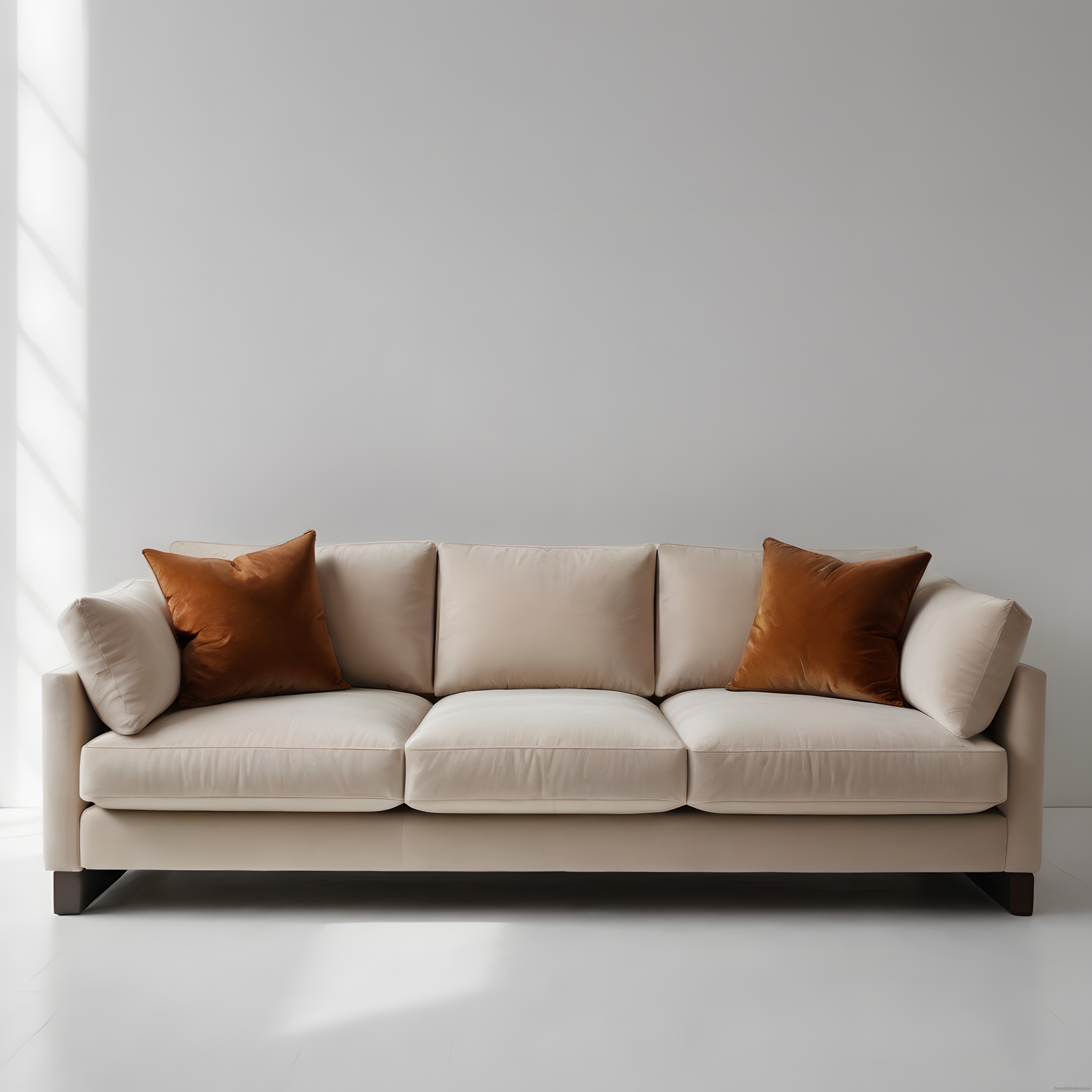 Modern Bej Üçlü Kanepe ve Tarçın Rengi Kadife Yastıklar ile Minimal Salon