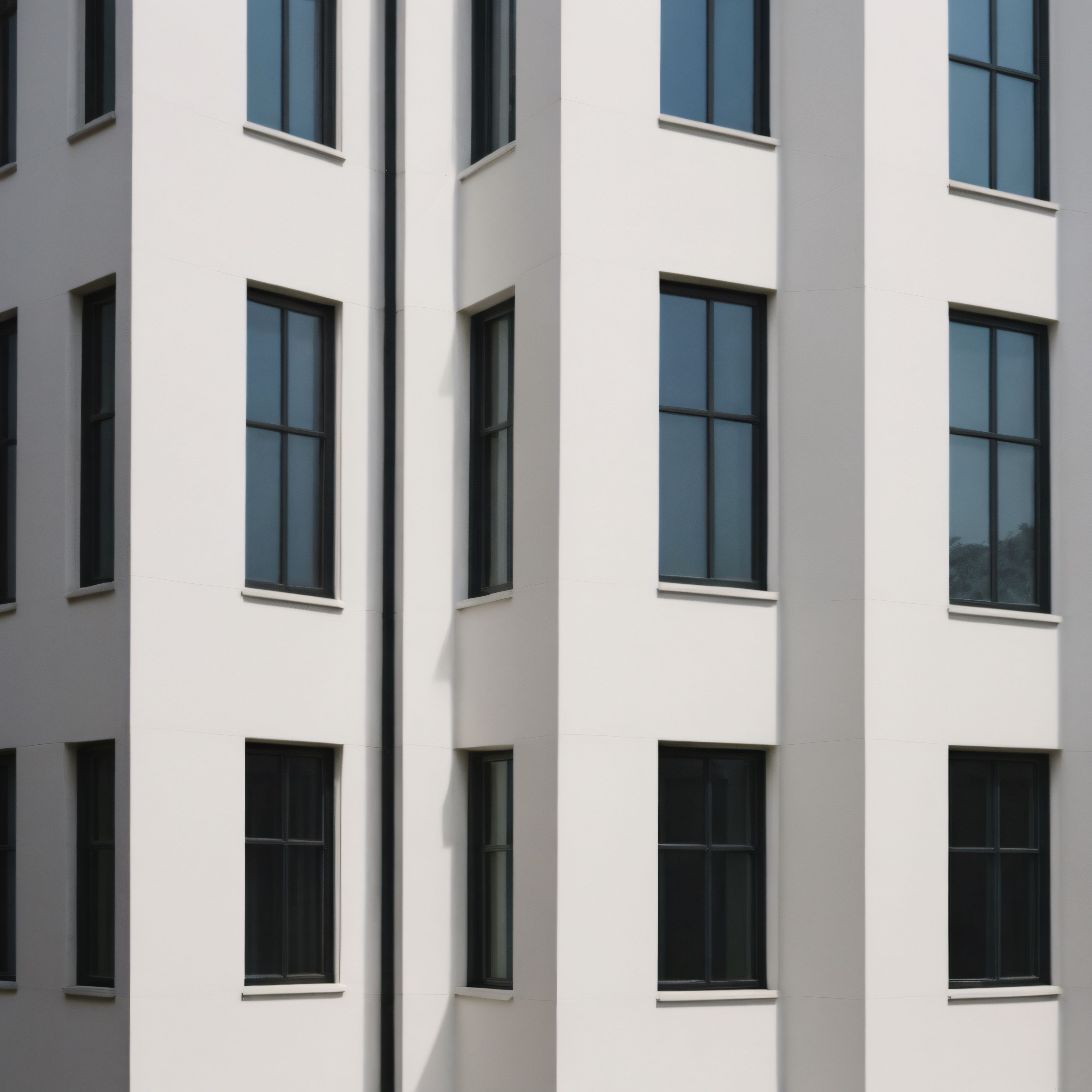 Modern Beyaz Apartman Cephesi ve Siyah Pencerelerle Minimalist Mimari Detay