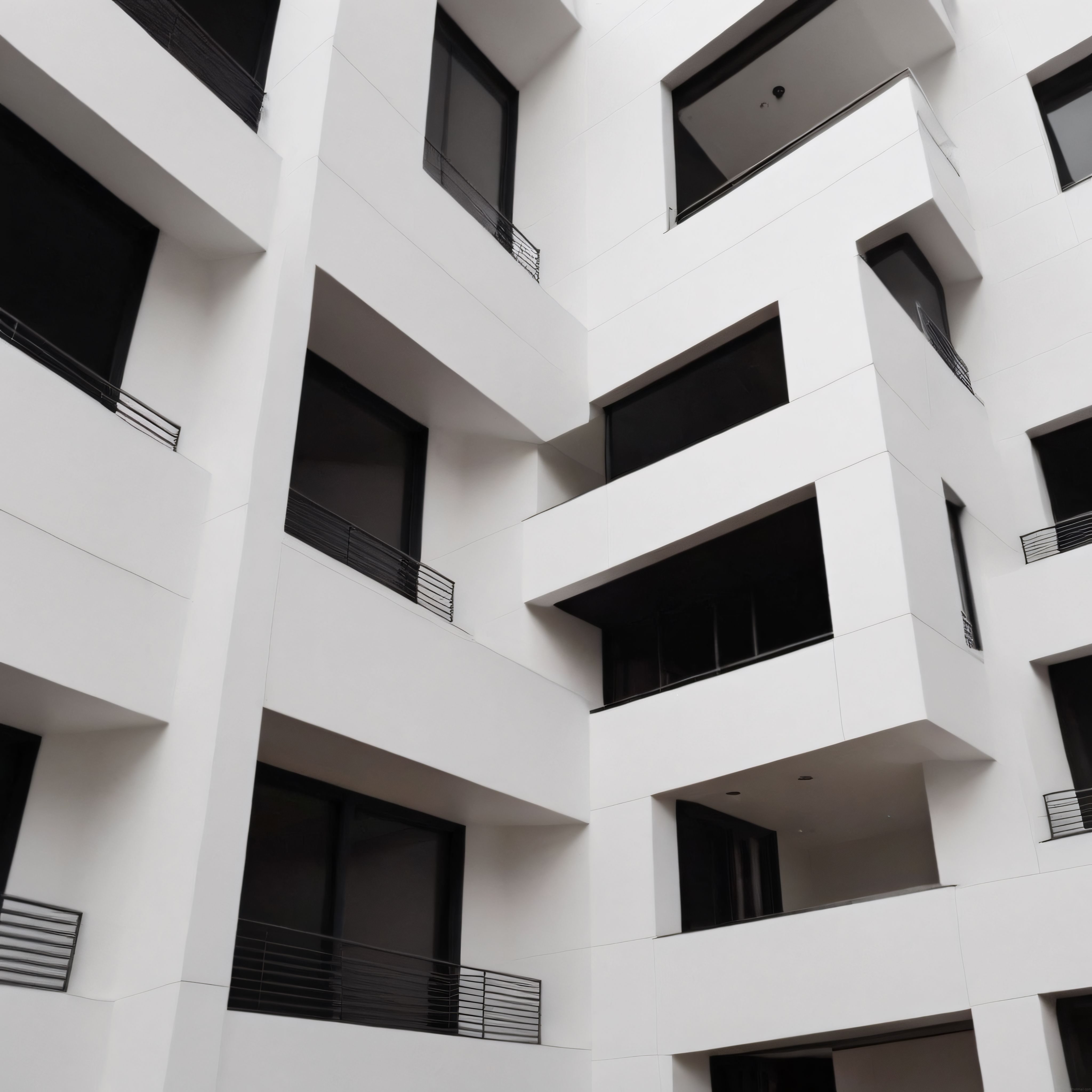 Modern Beyaz Apartmanın Geometrik Avlu Cephesi ve Minimalist Mimari Detayları