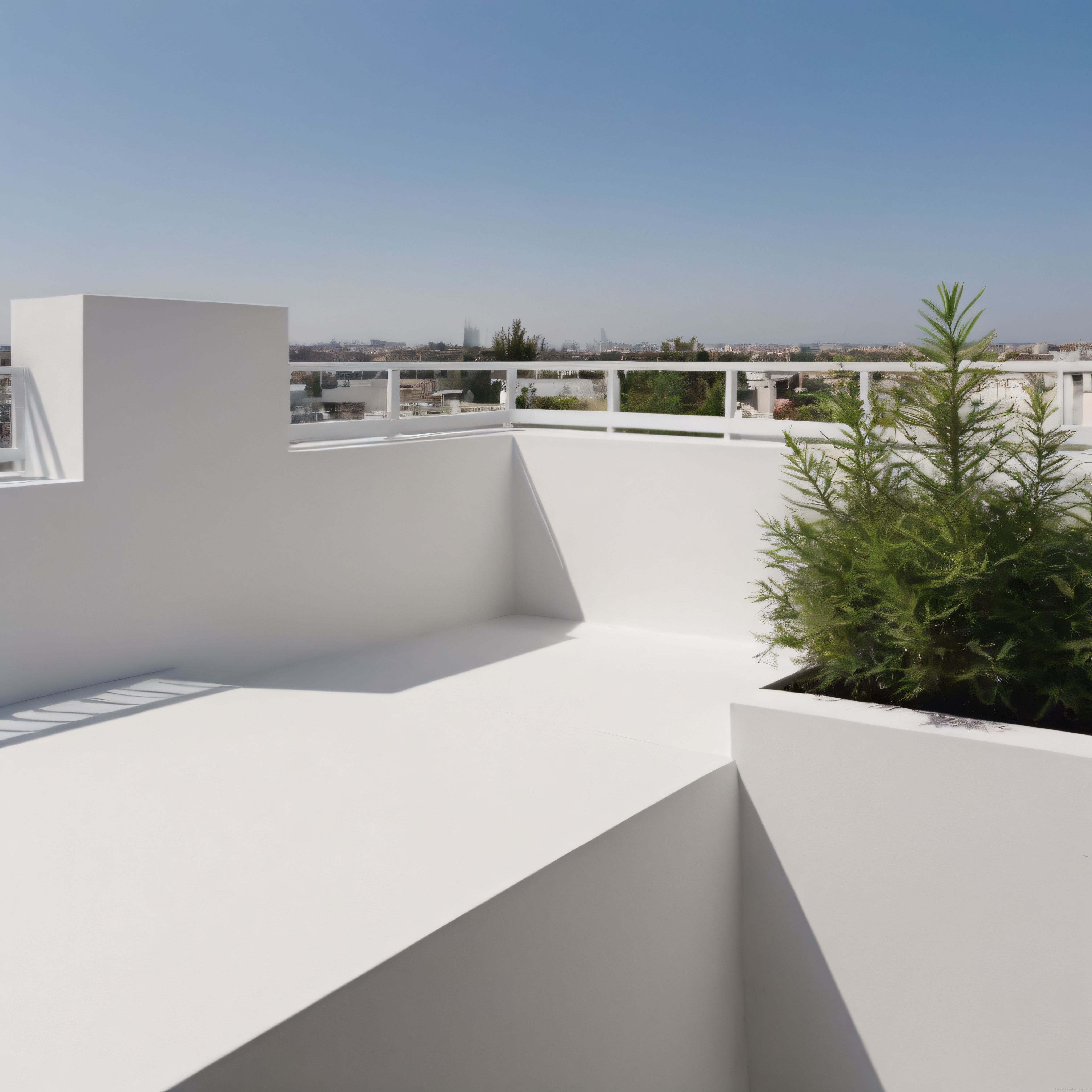 Modern Beyaz Bir Terasın Ferah Şehir Manzarası ve Minimalist Mimarisi