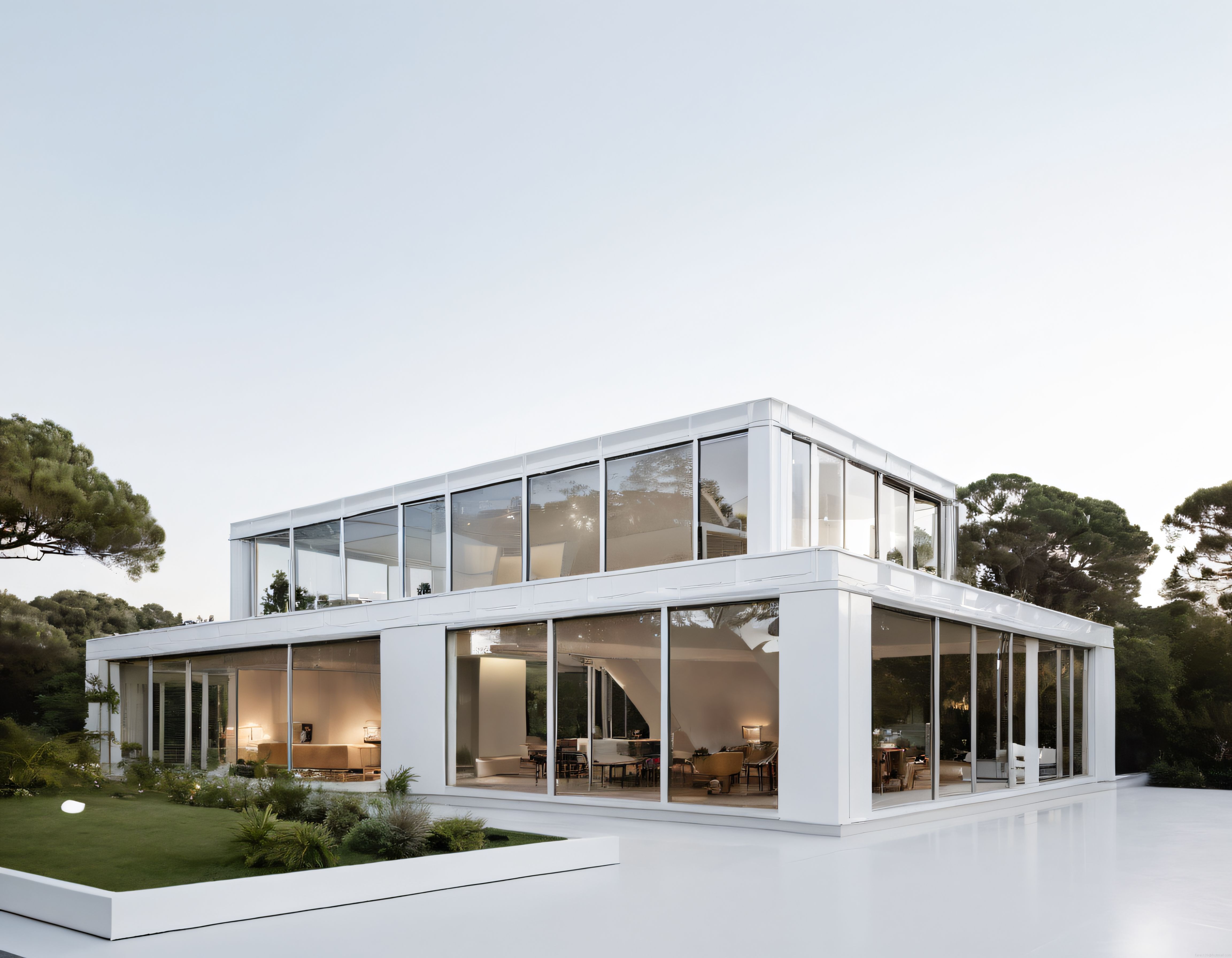 Modern Beyaz Cam Cepheli Minimalist Villa ve Yeşil Bahçe Manzarası