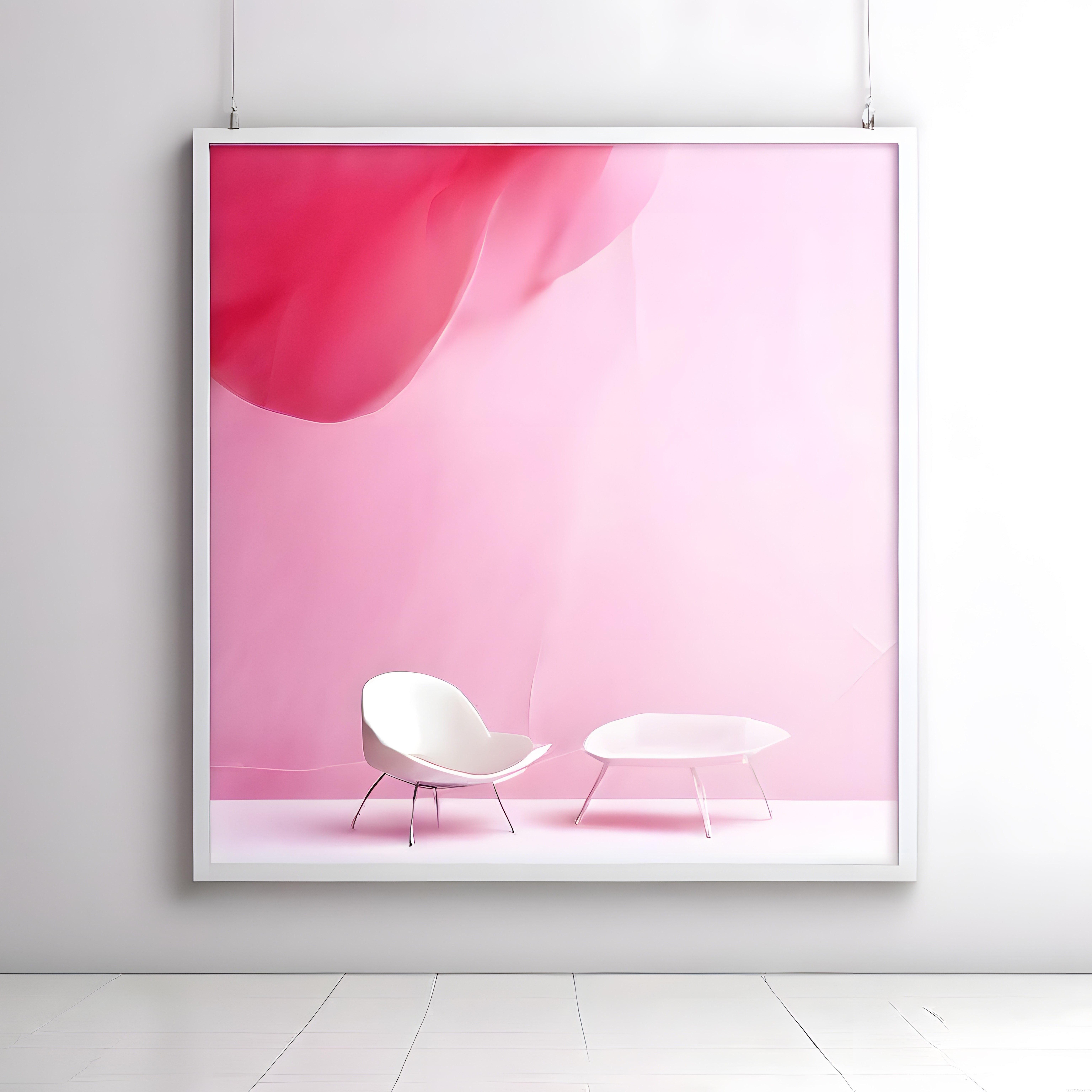 Modern Beyaz Çerçeveli Pembe Soyut Sanat Eseri ve Minimalist İç Mekan Tasarımı