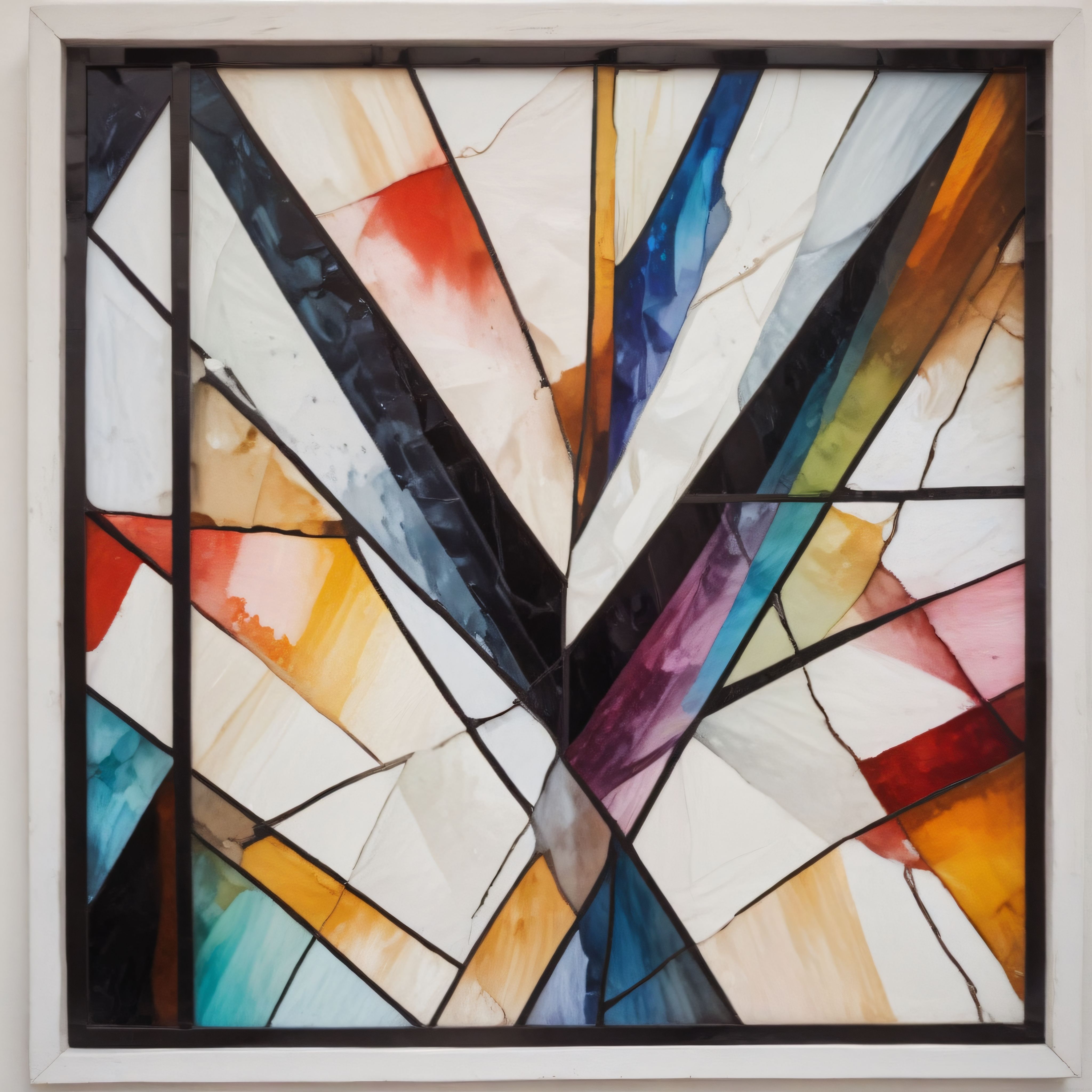 Modern Beyaz Çerçeveli Soyut Geometrik Vitray Cam Sanat Panosu