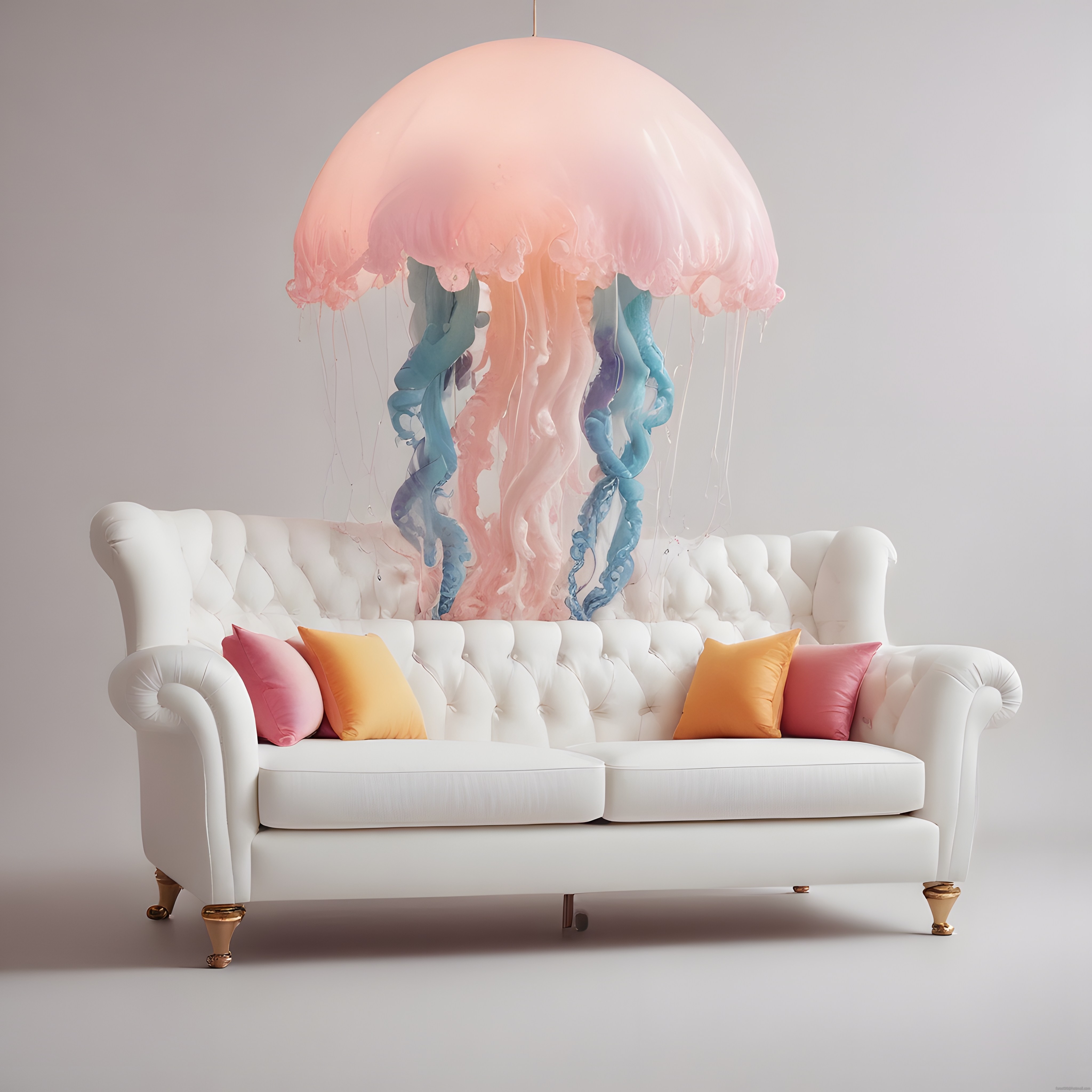 Modern Beyaz Chesterfield Koltuk ve Pastel Deniz Anası Aydınlatma Dekoru
