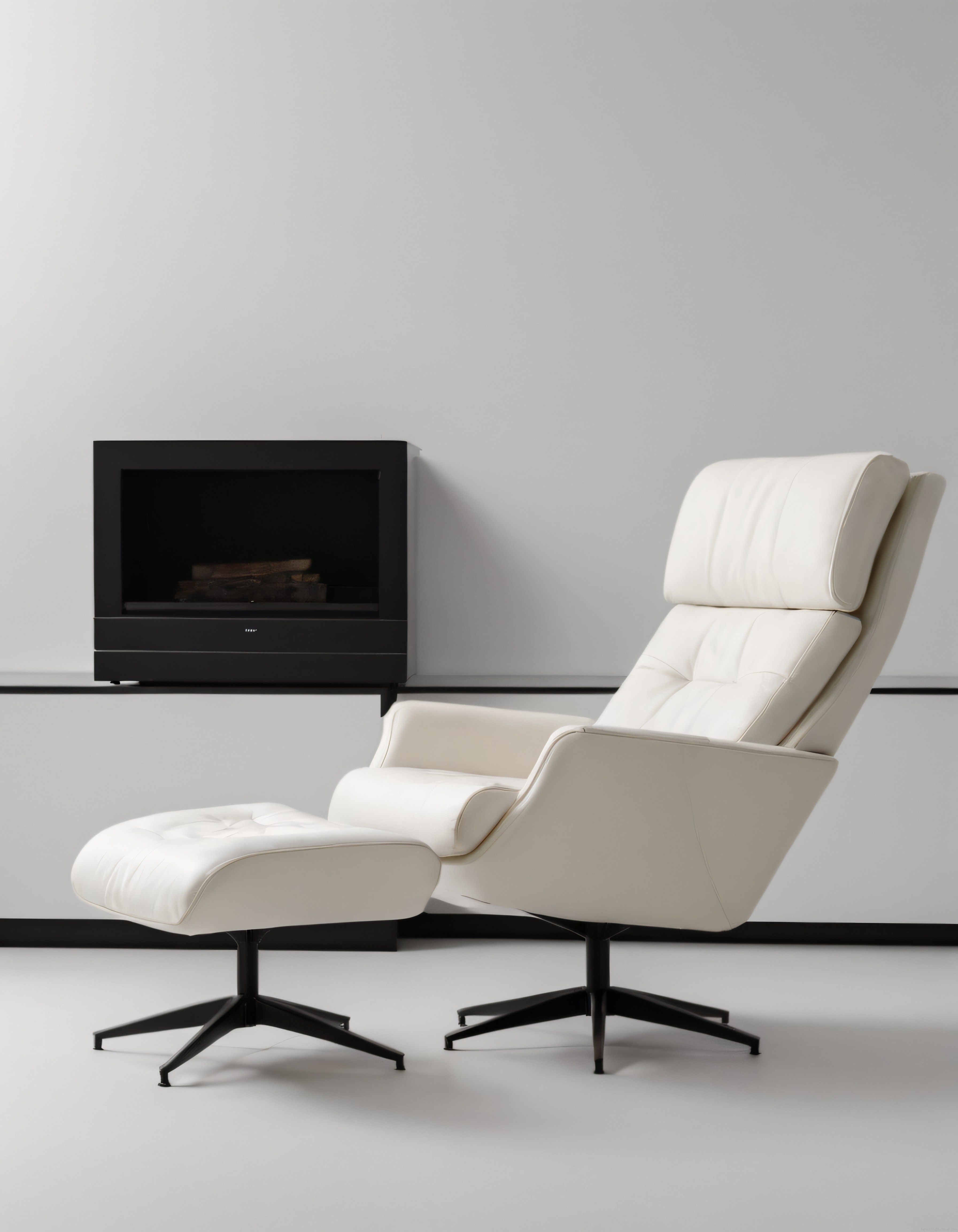 Modern Beyaz Deri Koltuk ve Şömine ile Minimalist Oturma Odası Dekorasyonu
