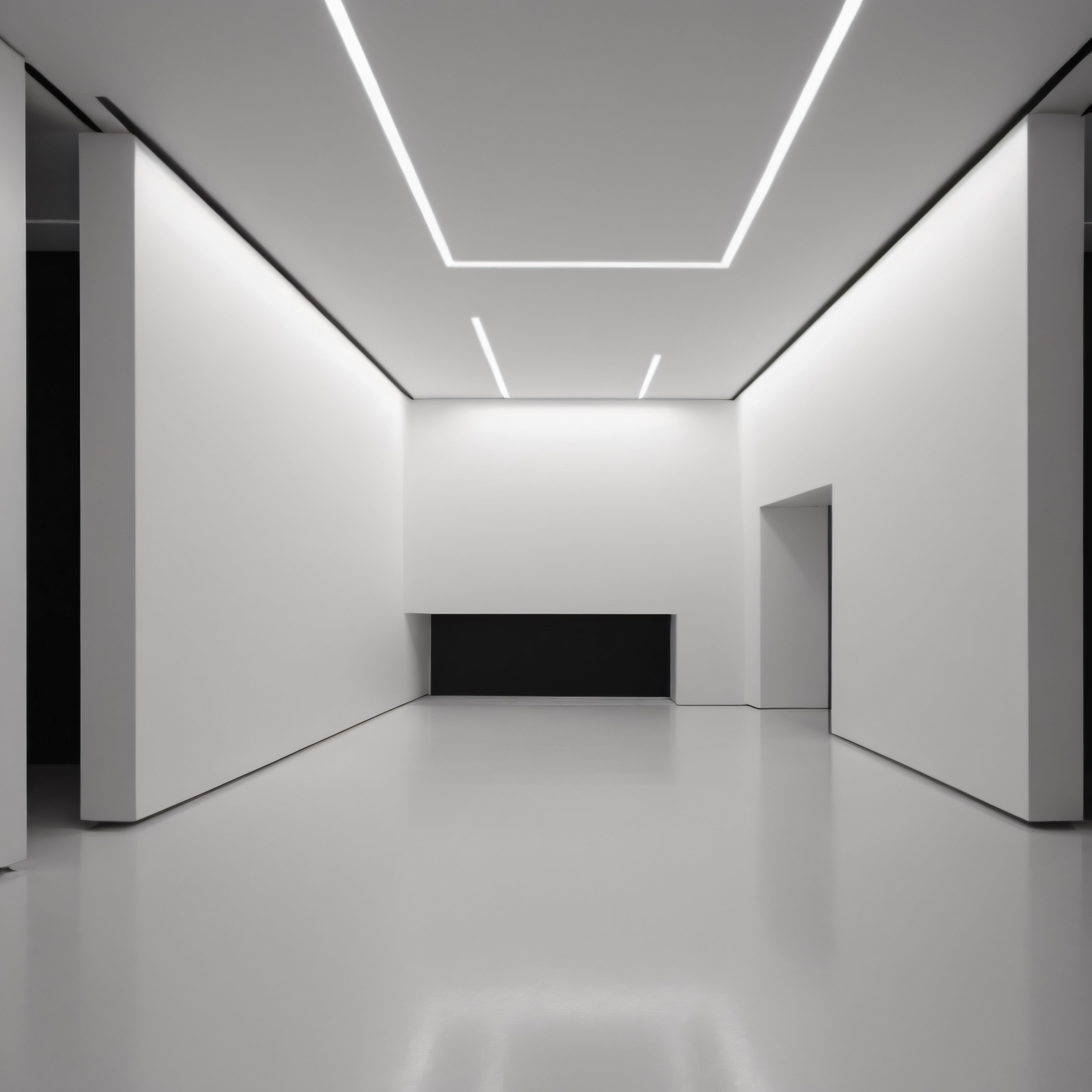 Modern Beyaz Galeri Koridorunda Geometrik Aydınlatma ve Minimalist Mimari