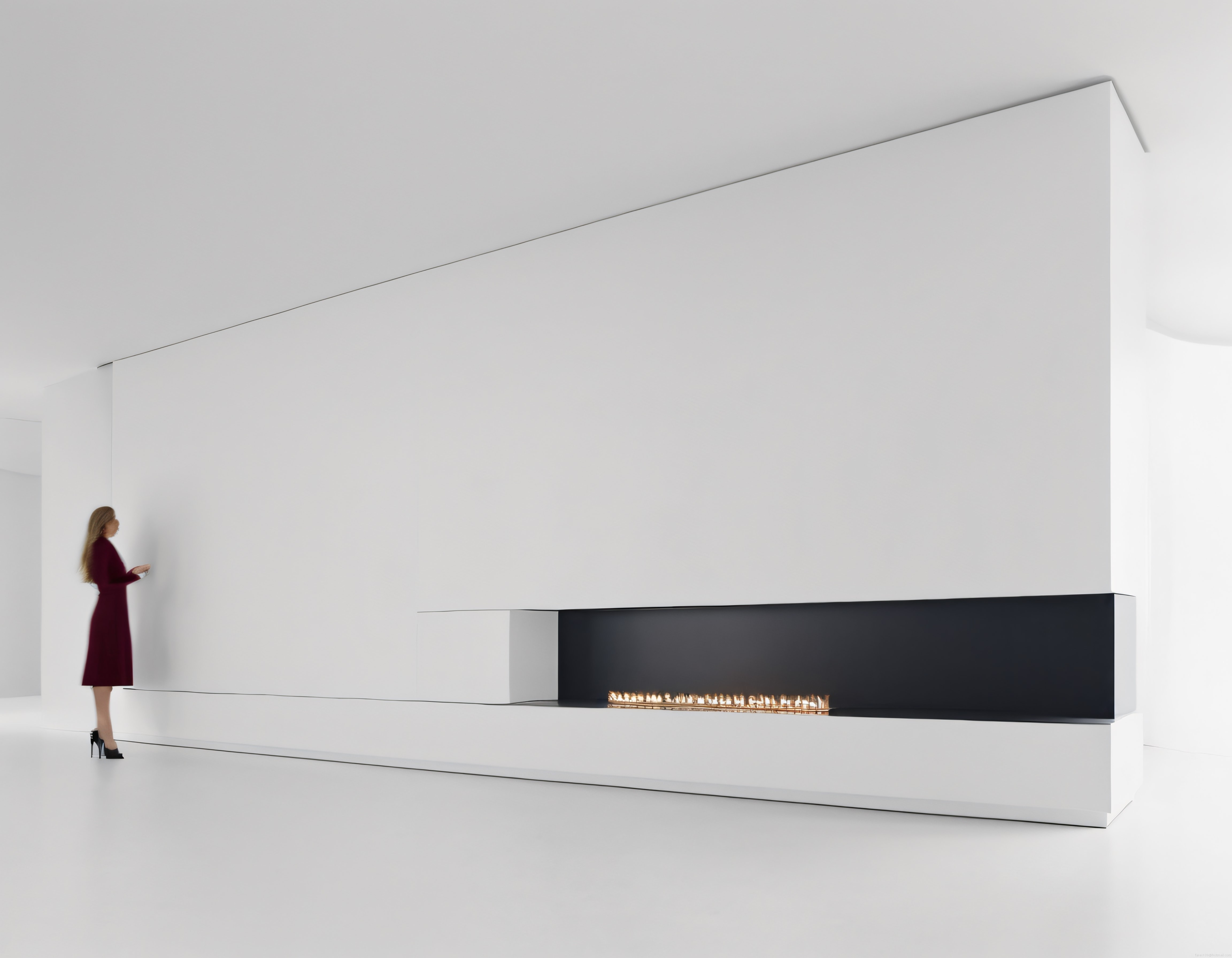 Modern Beyaz Galeride Lineer Şömine ve Bordo Elbiseli Kadın Silueti