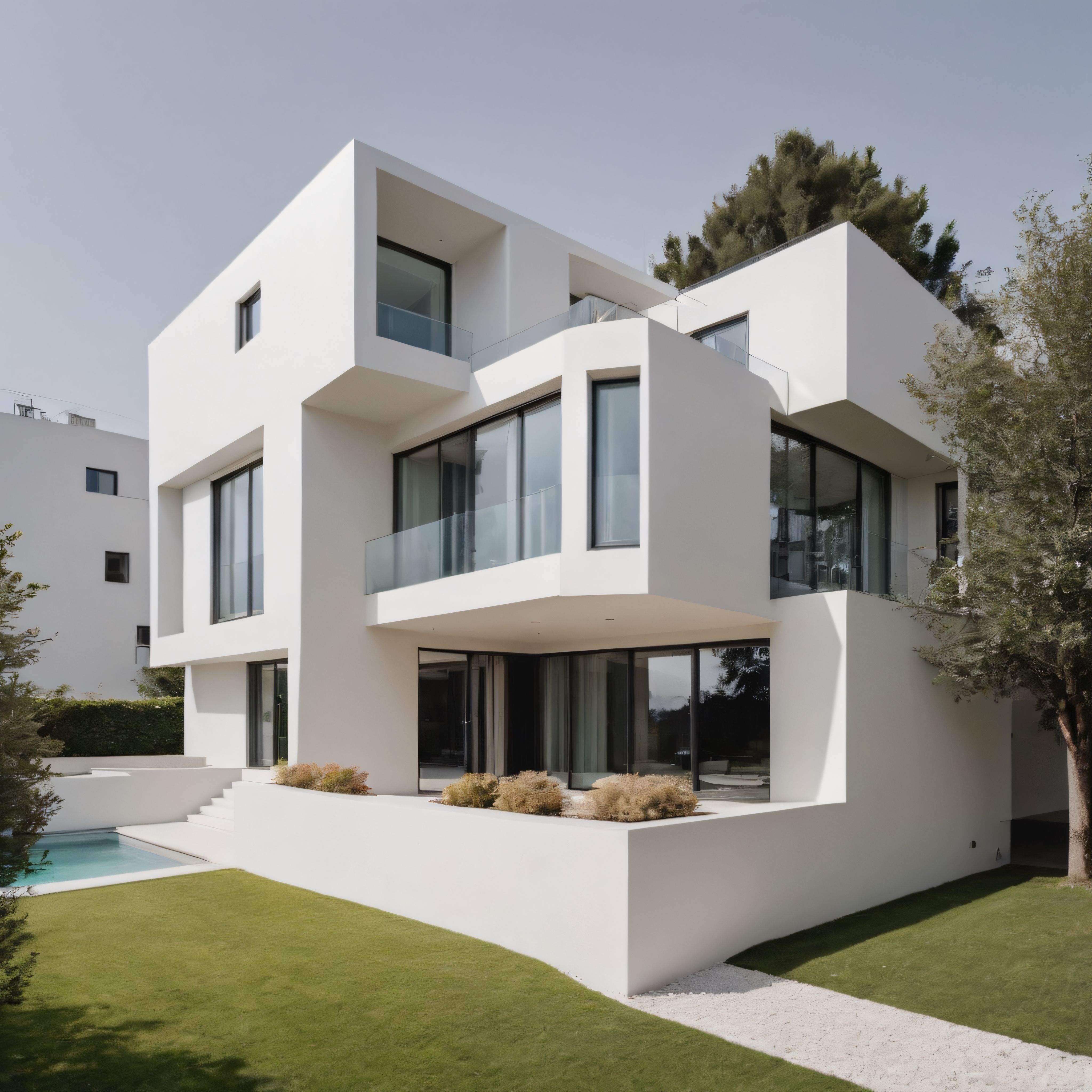 Modern beyaz geometrik villa tasarımı ve minimalist mimari detaylar
