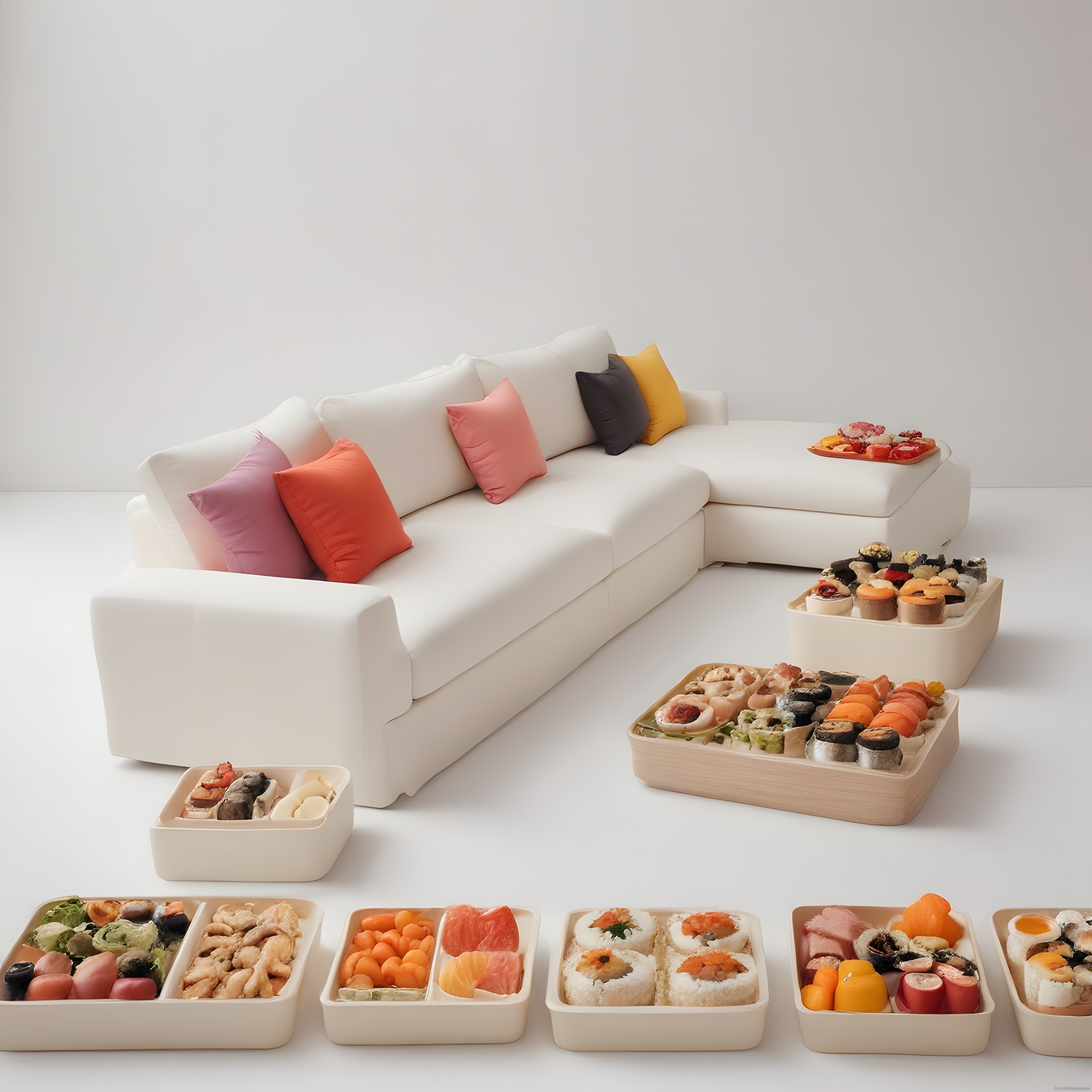 Modern Beyaz Kanepe Önünde Renkli Yastıklar ve Japon Sushi Lezzetleri Sunumu