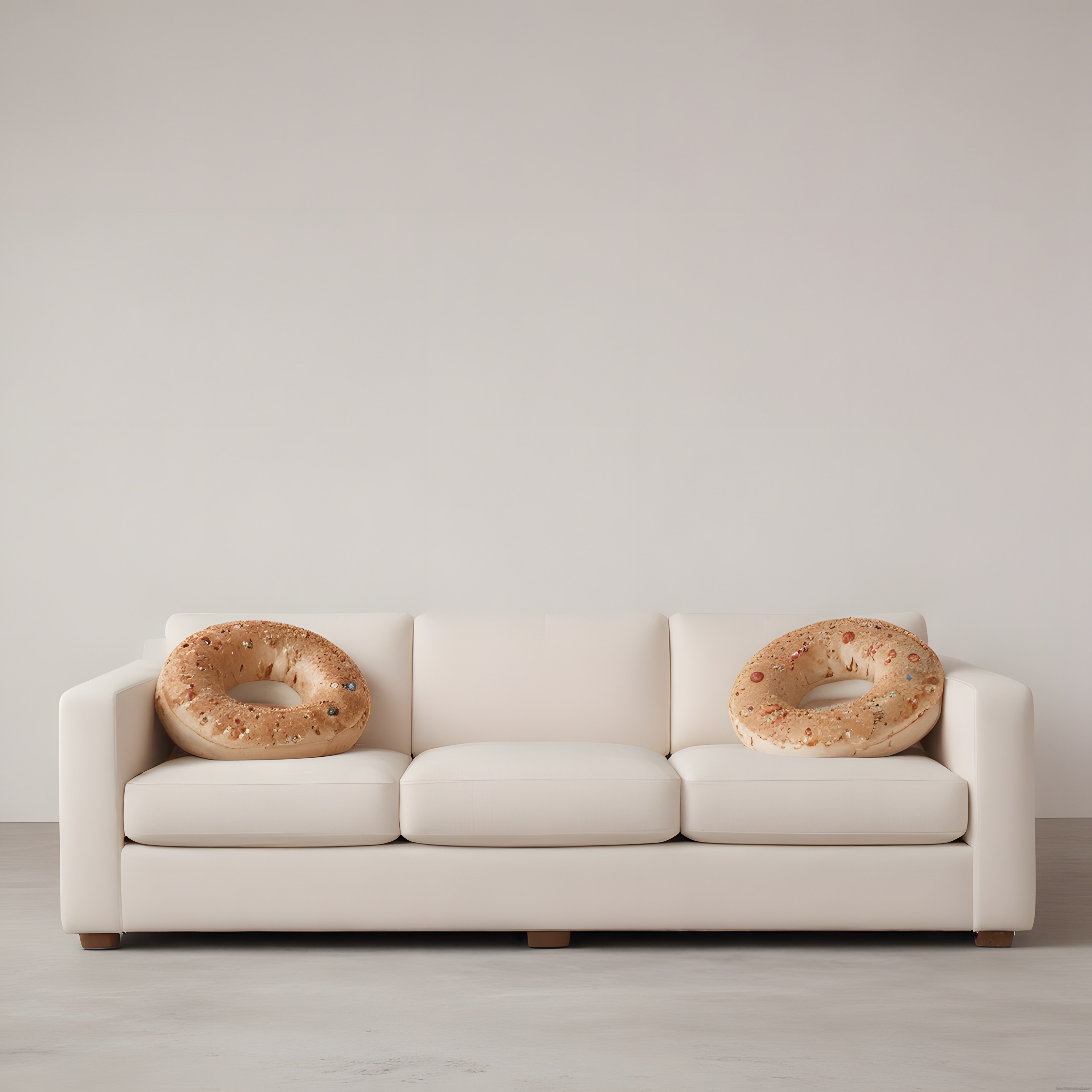 Modern beyaz kanepe üzerinde dev simli donut şeklinde dekoratif yastıklar