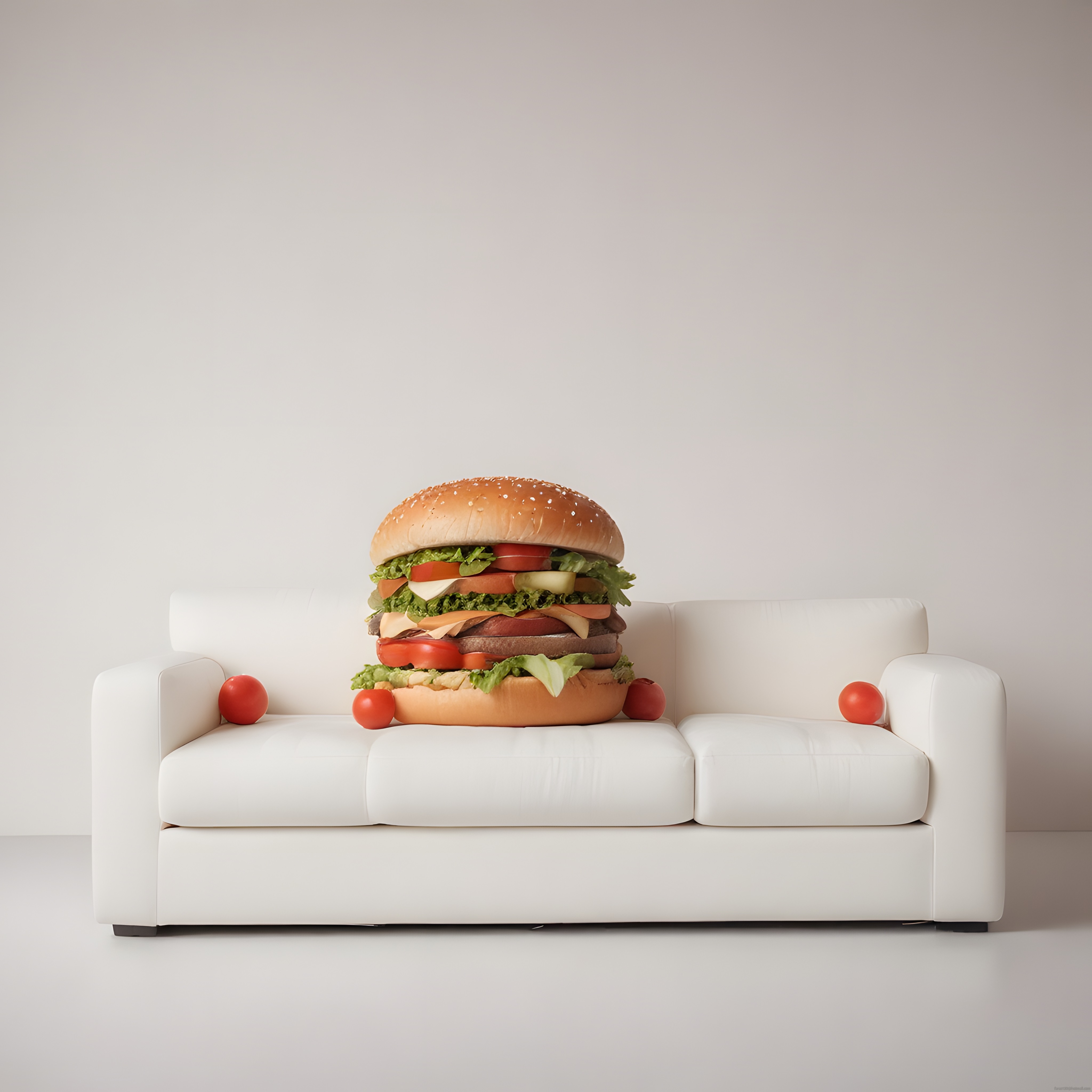 Modern beyaz kanepe üzerindeki katmanlı dev hamburger konsepti