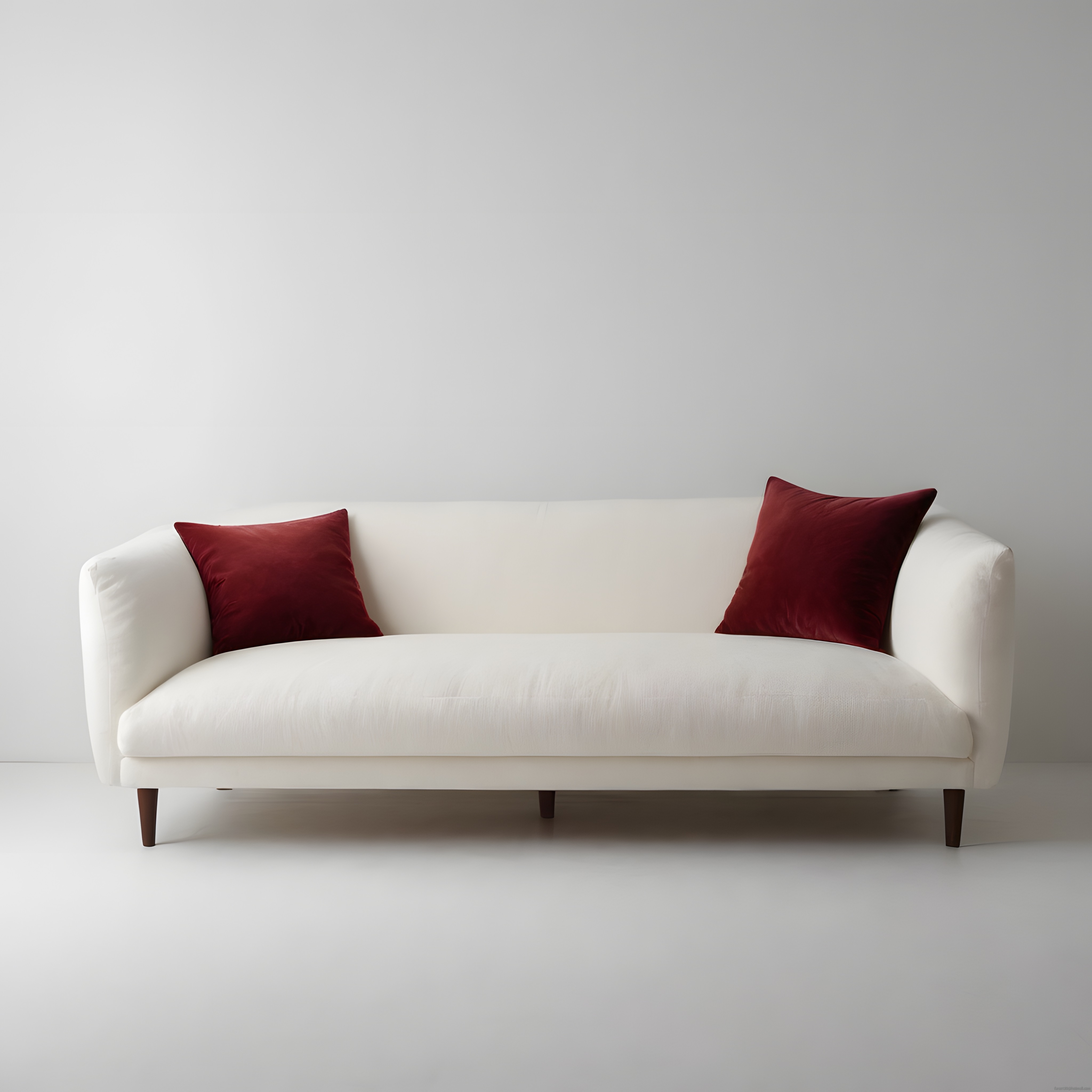 Modern Beyaz Kanepe ve Bordo Yastıklarla Minimalist Salon Dekorasyonu