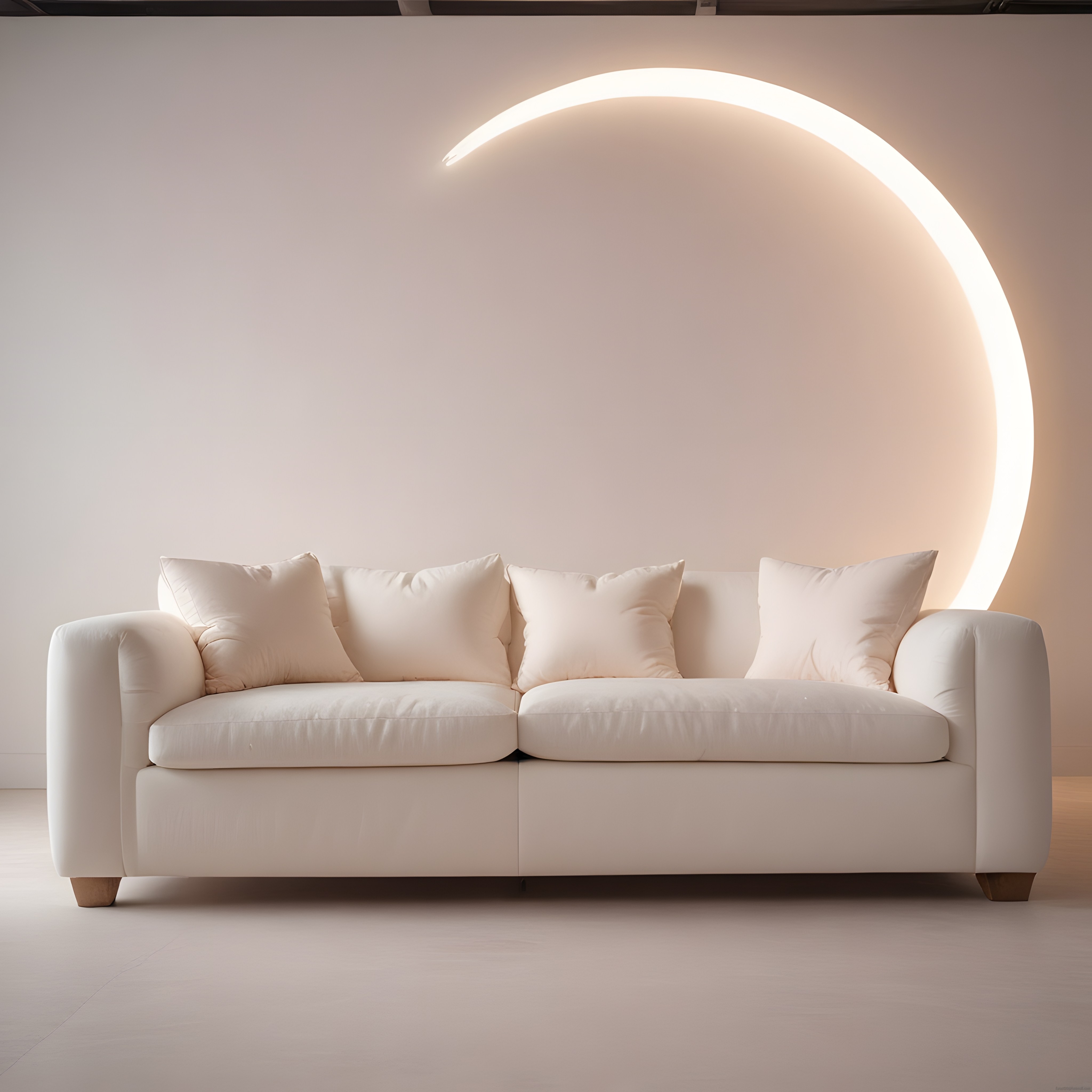 Modern Beyaz Kanepe ve Dairesel LED Duvar Işığı ile Sade Salon Tasarımı