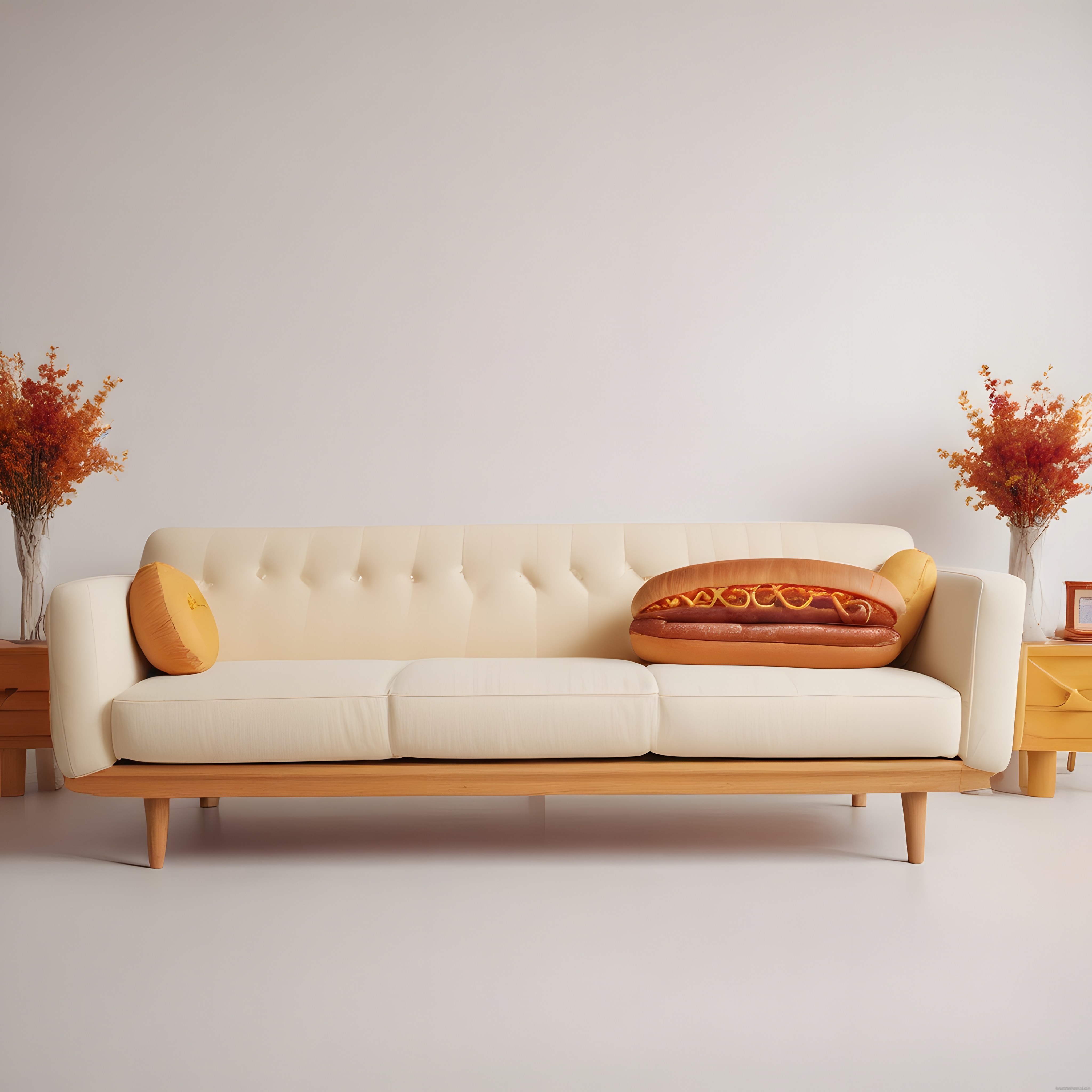 Modern Beyaz Kanepe ve Eğlenceli Hot Dog Yastık ile Sıcak Bir Salon Köşesi