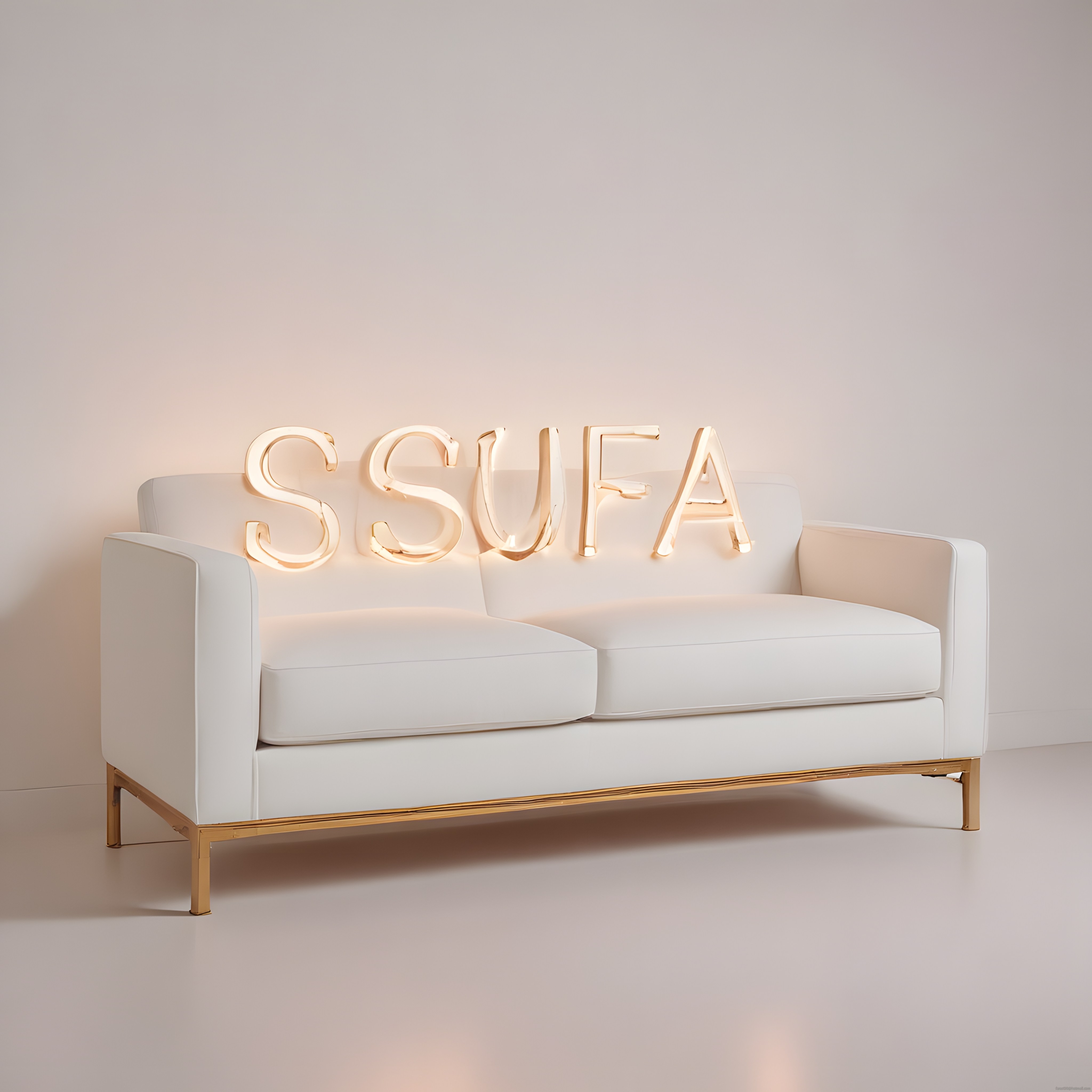 Modern Beyaz Kanepe ve Gold Neon Işıklı Harflerle Minimalist İç Mekan Tasarımı