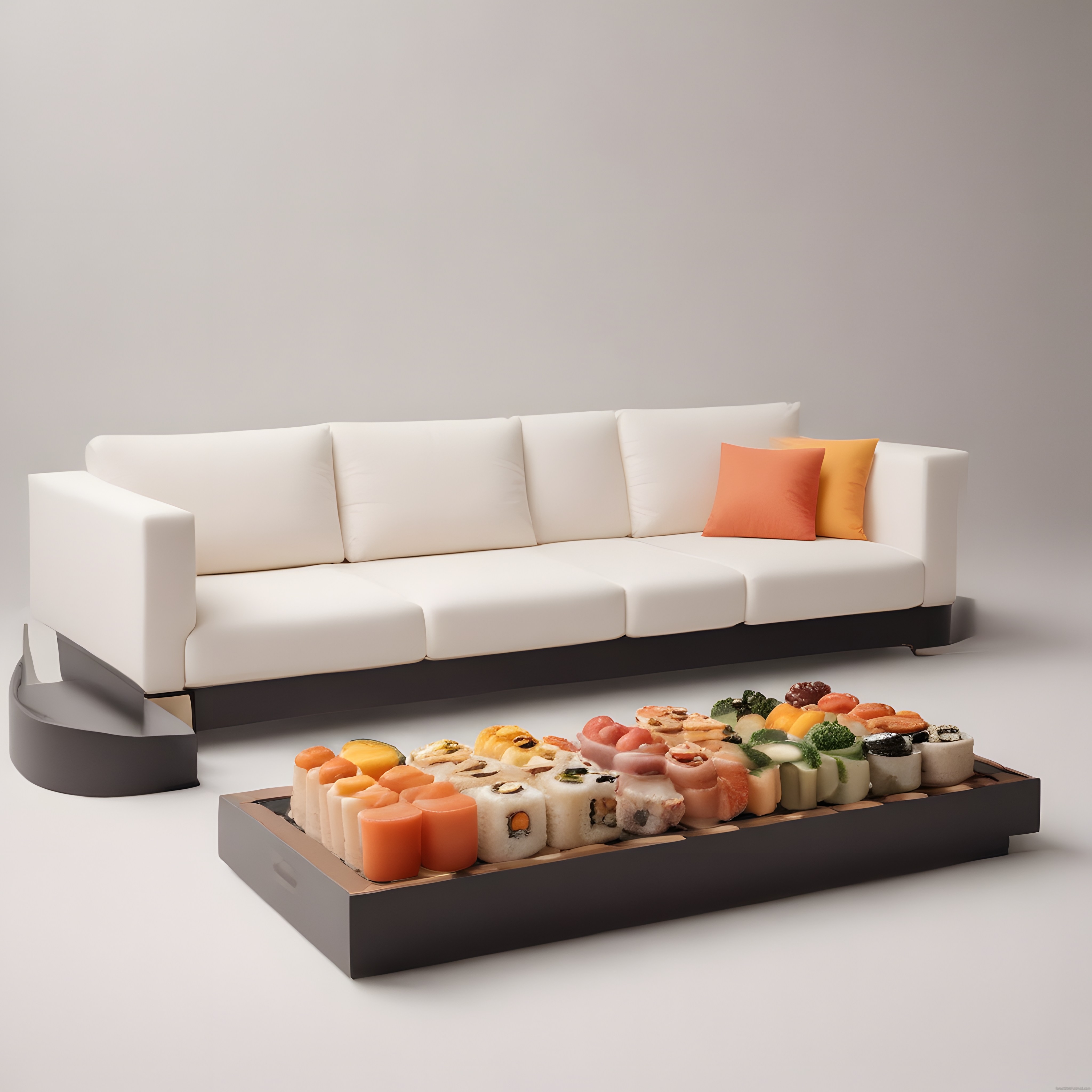 Modern Beyaz Kanepe ve Önündeki Büyük Sushi Tepsisi ile Minimalist Mekan