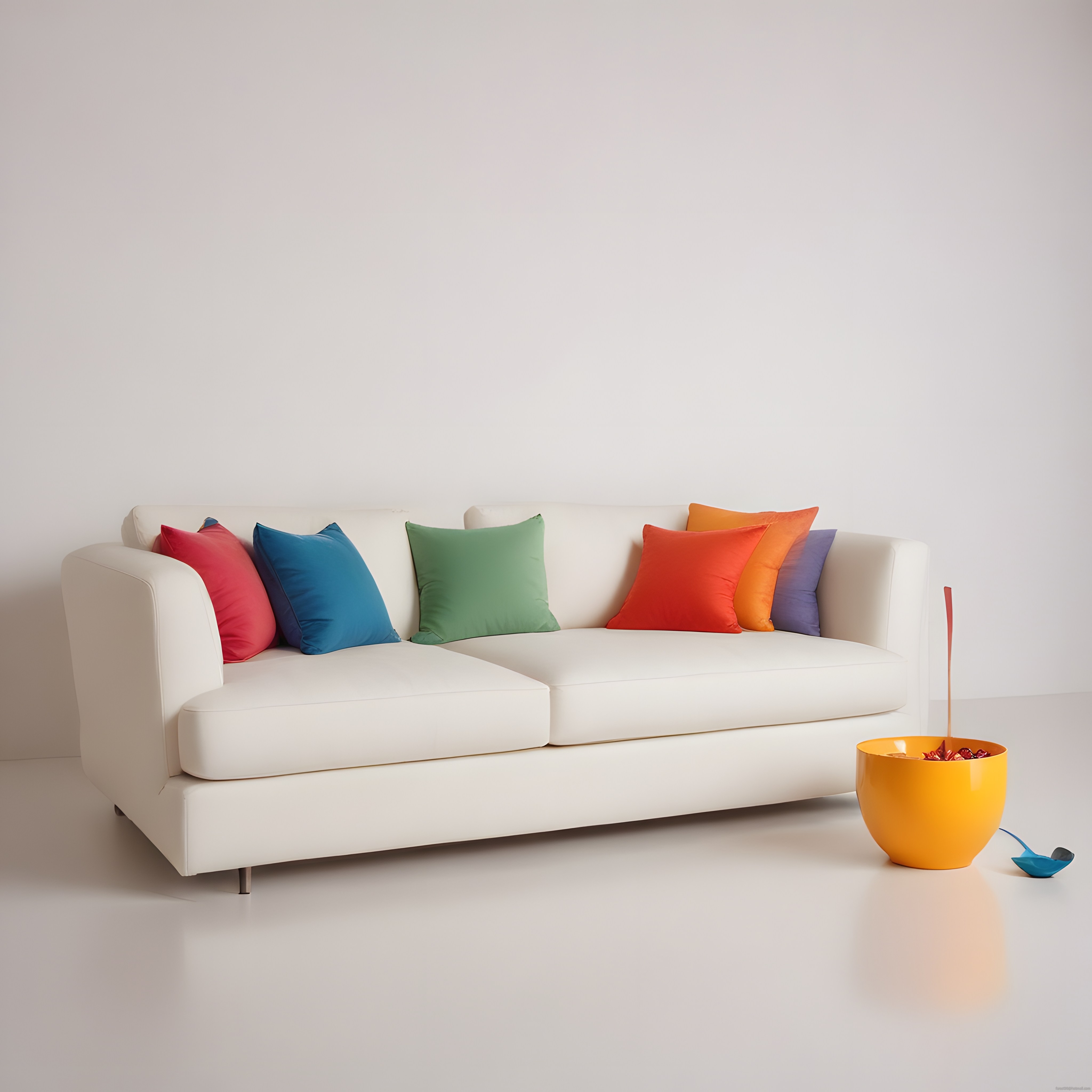 Modern Beyaz Kanepe ve Renkli Yastıklarla Minimalist Salon Dekorasyonu