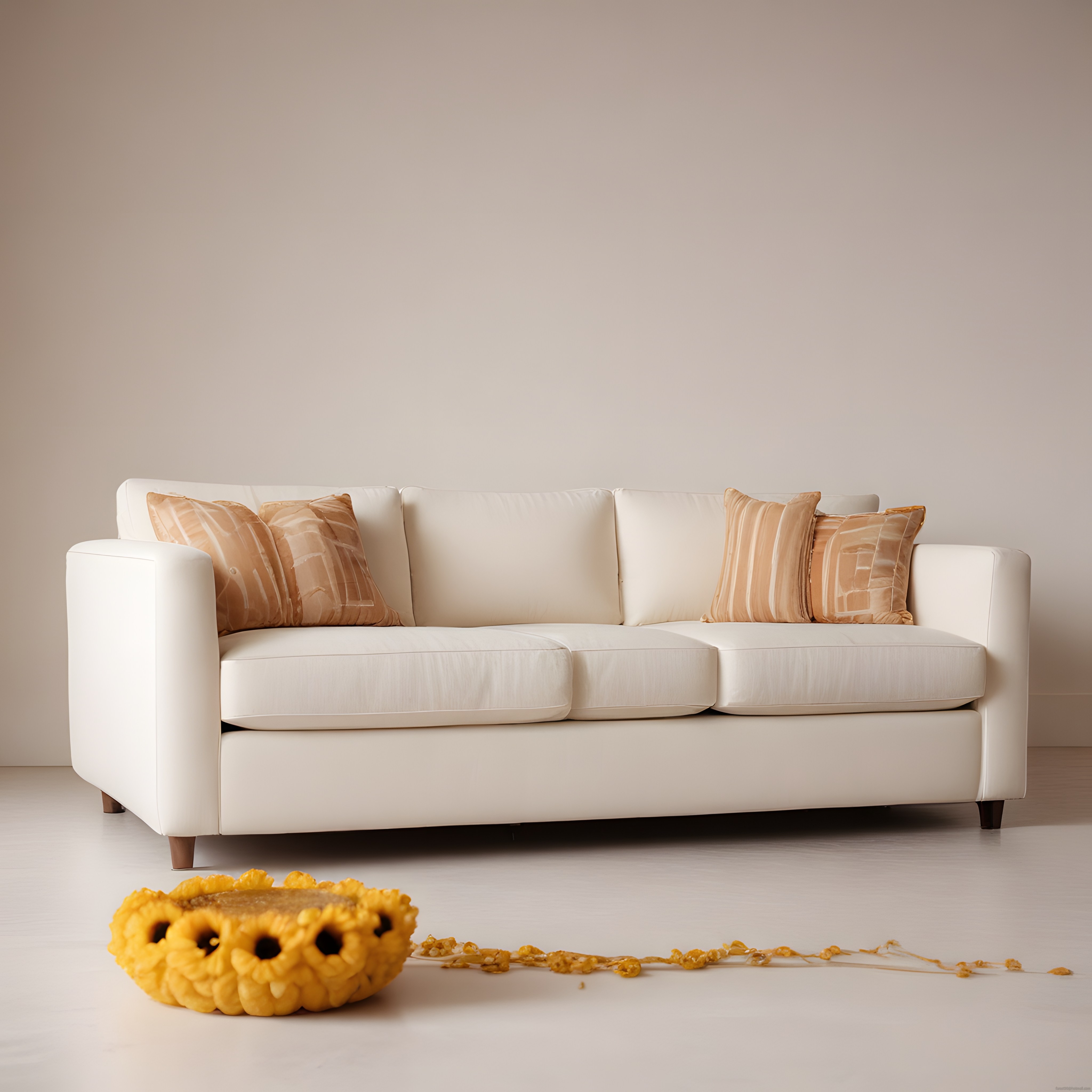 Modern Beyaz Kanepe ve Sarı Çiçeklerle Sıcak Minimal Salon Dekorasyonu