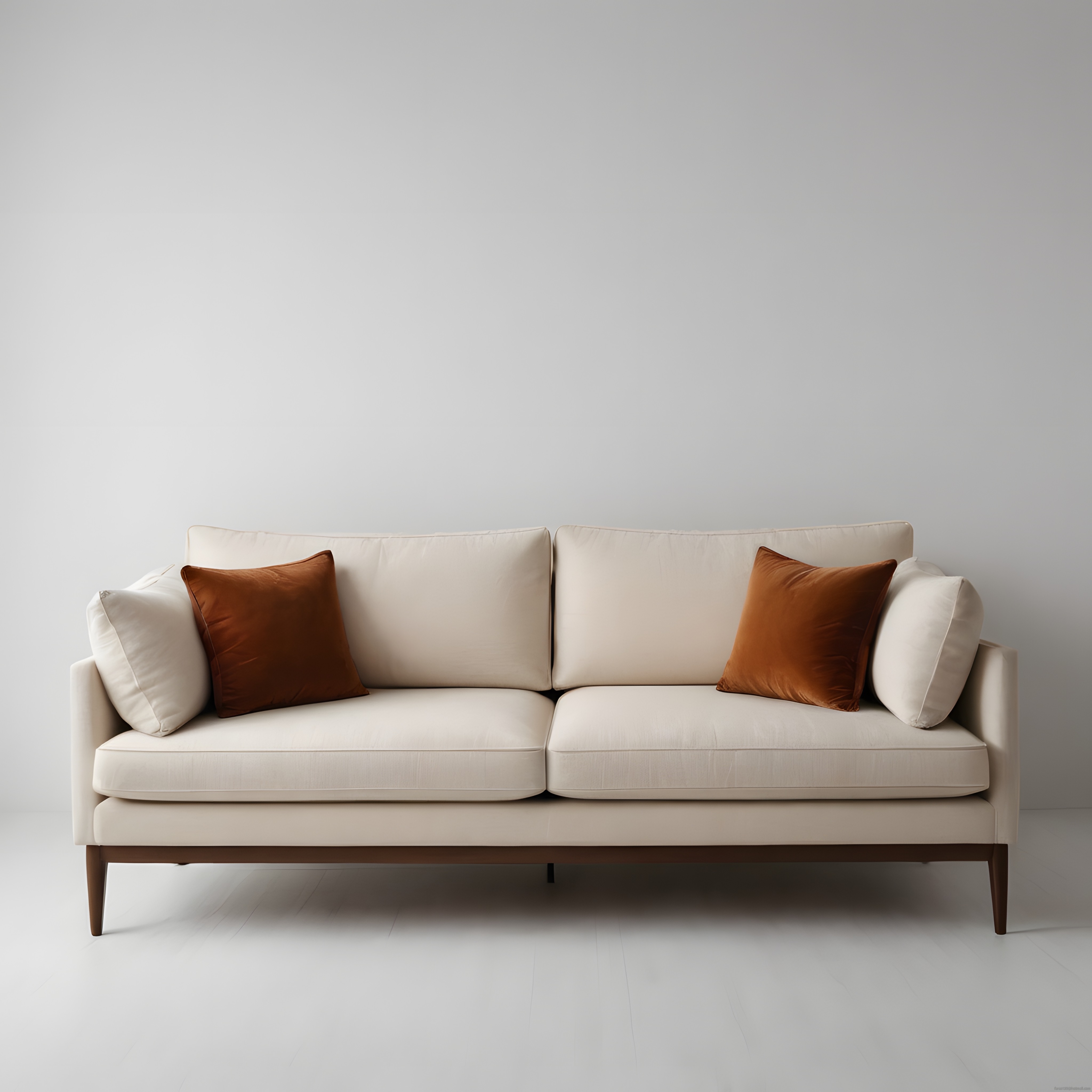 Modern Beyaz Kanepe ve Tarçın Rengi Kadife Yastıklarla Minimal Salon Dekorasyonu