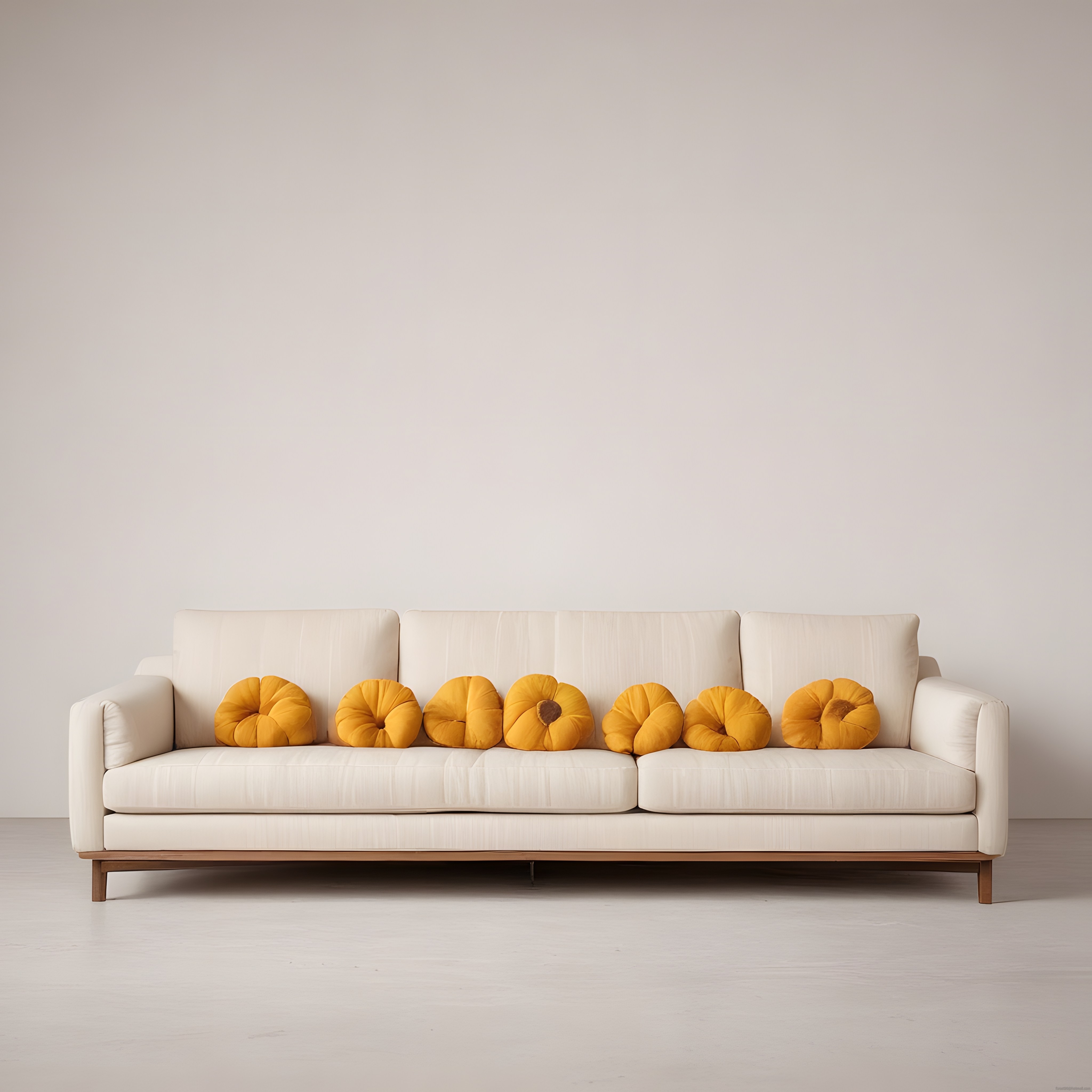 Modern Beyaz Kanepe ve Turuncu Balkabağı Yastıklarla Minimal Salon Stili