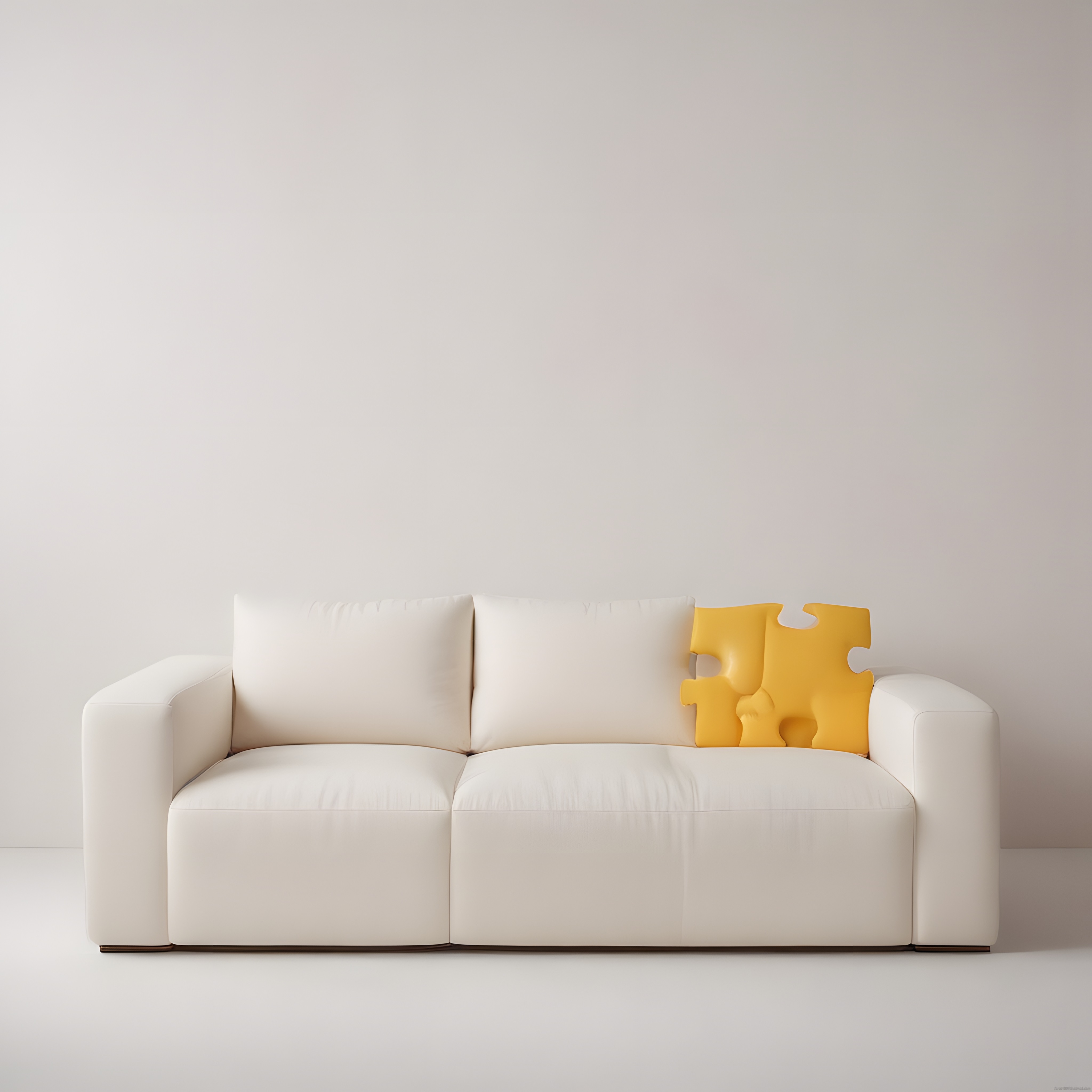 Modern Beyaz Koltuk ve Sarı Puzzle Yastıklar ile Minimalist Salon Dekorasyonu